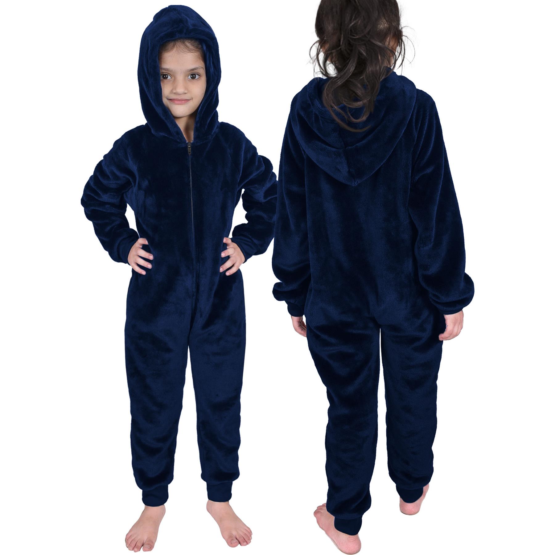 Kids Girls Boys Plain Fleece A2Z Onesie One Piece Hooded All In One Jumpsuit - Picture 19 of 27