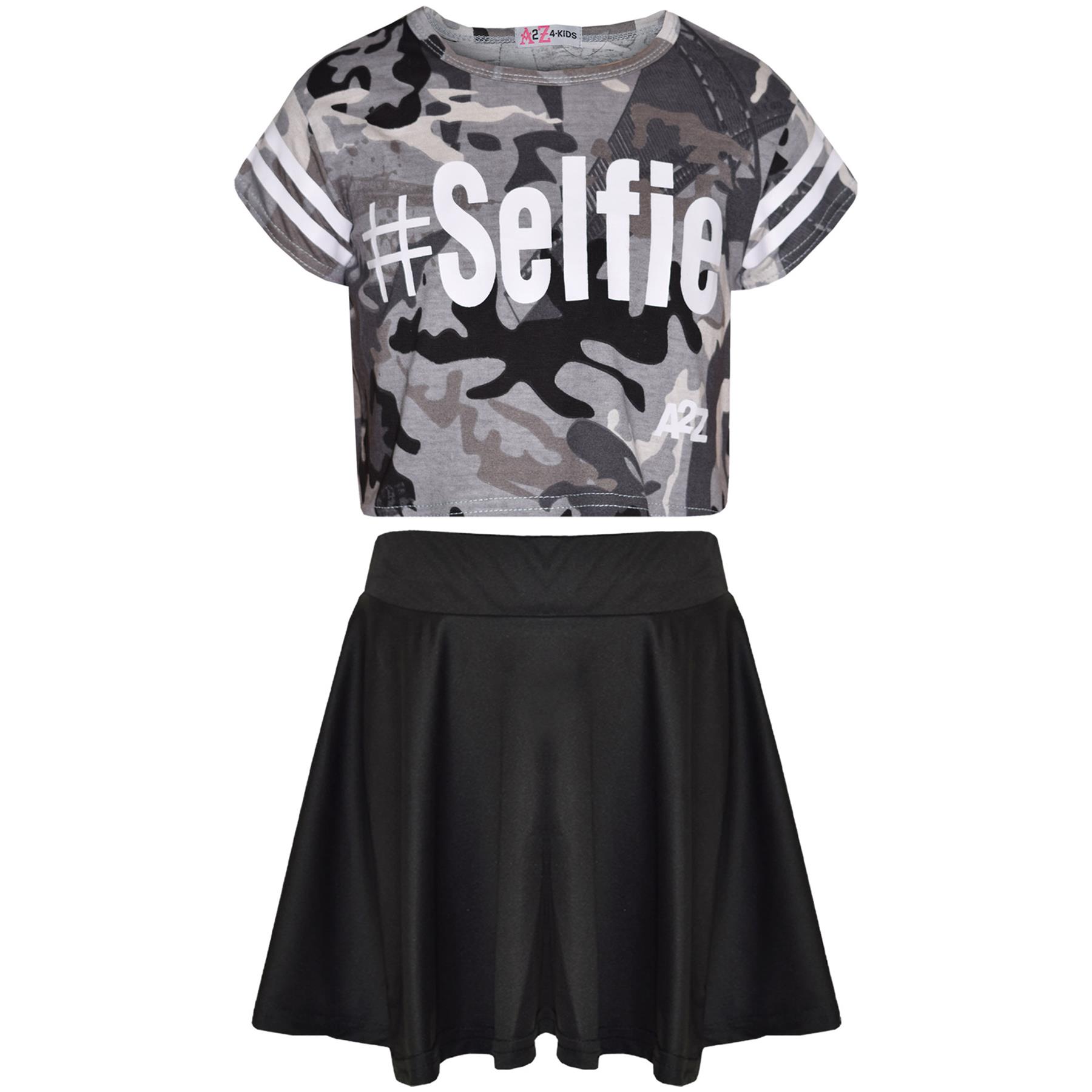 Girls Tops Kids Designer's #Selfie Camouflage Crop Top & Skater Skirt Set 5-13Yr - Picture 18 of 34