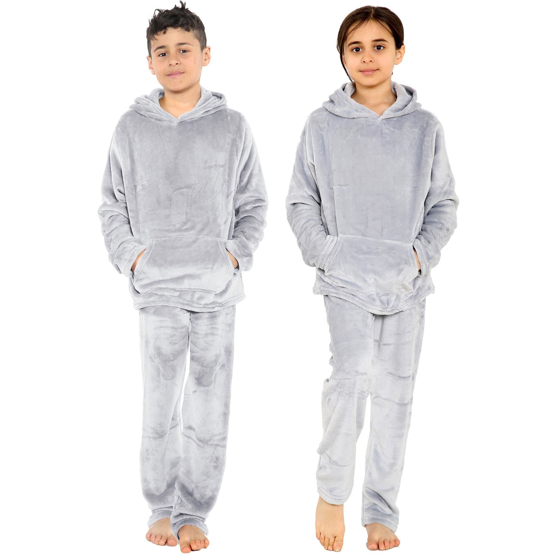Kids Warm Fleece Hooded Pyjamas For Girls & Boys Sleepover 2 Piece Gift Set - Picture 15 of 31
