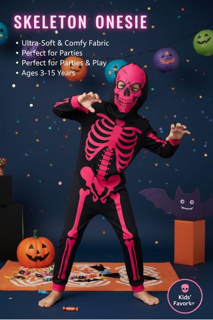 Kids Girls Boys Skeleton Print Neon Pink A2Z Onesie One Piece Halloween Costume - Picture 3 of 8