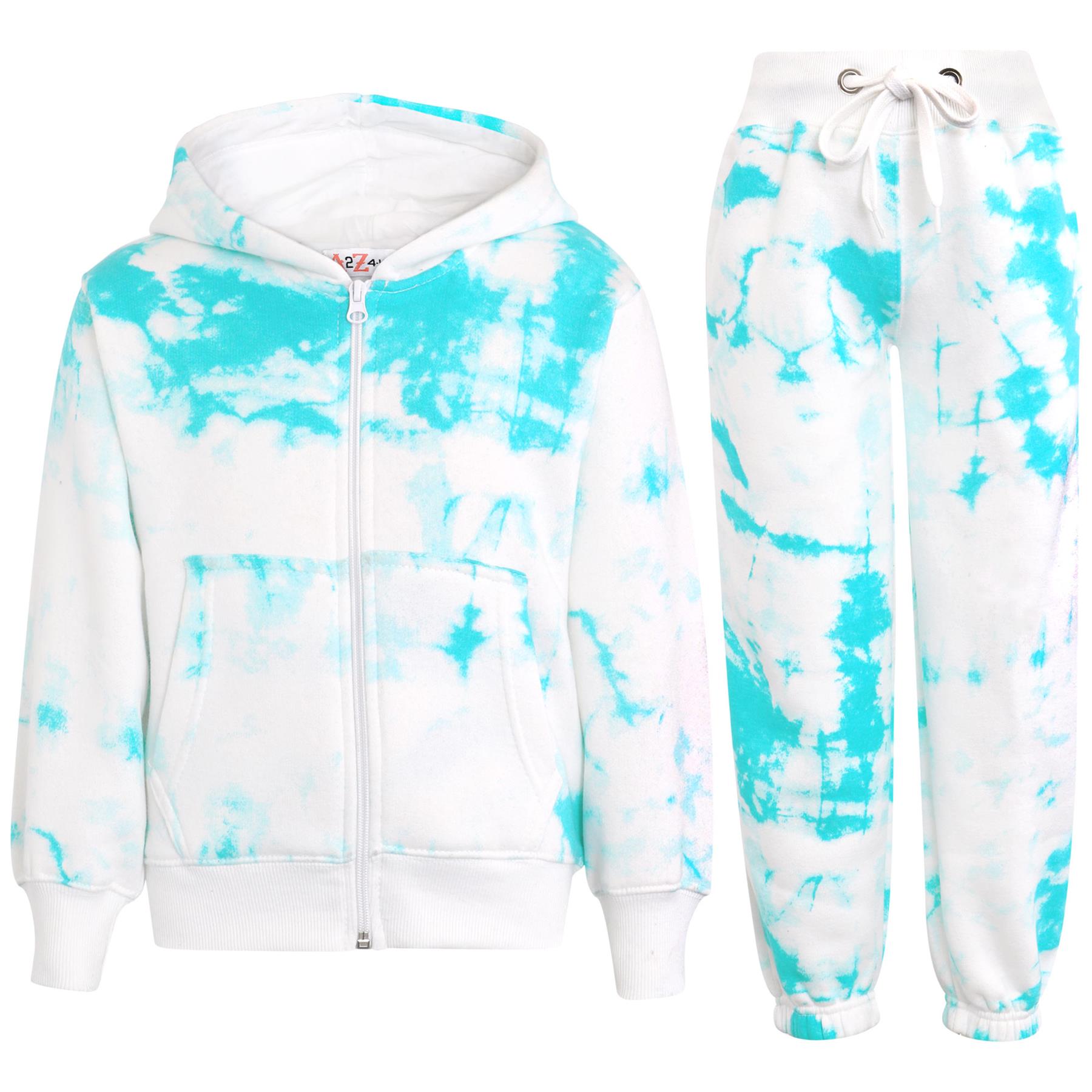 Kids Girls Tracksuit Tie Dye Print Blue Hooded Hoodie & Bottom Jogging Suits - Picture 7 of 10