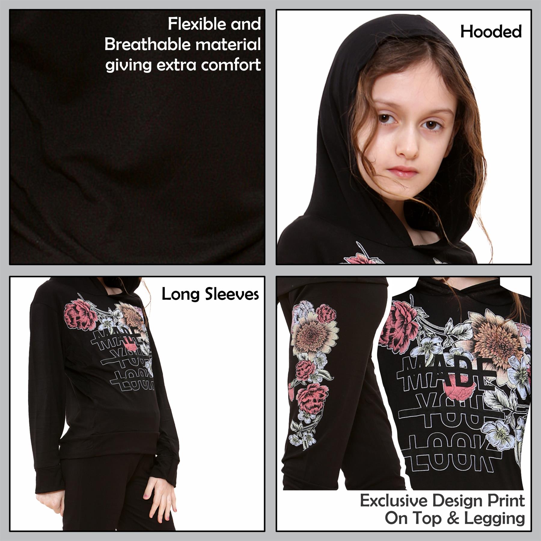 Girls Top Kids Made You Look Print Long Sleeves Hooded Top & Legging Set 5-13 Yr - Picture 13 of 21