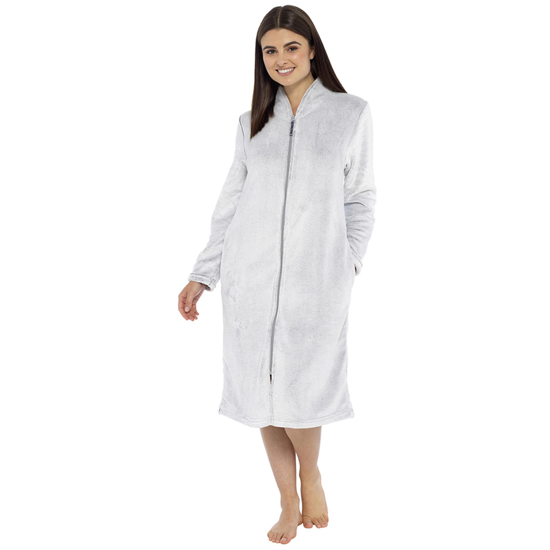 floor length fleece dressing gown Ladies Dressing Gown Fluffy Bathrobe Women Zip Through Full Length House  Coat