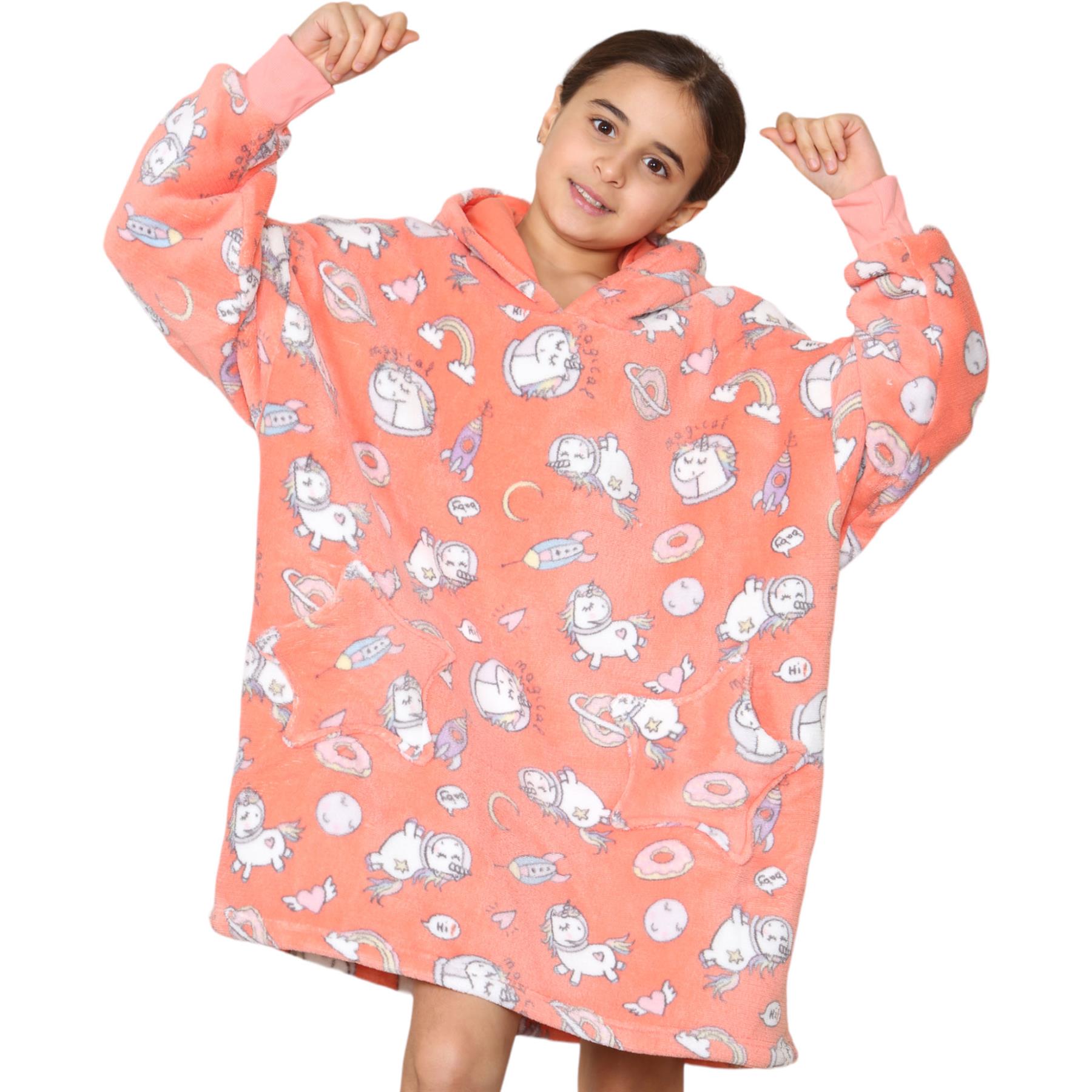 Kids Girls Boys Oversized Hoodie Animal Snuggle Blanket Super Soft Warm Fleece - Picture 34 of 47