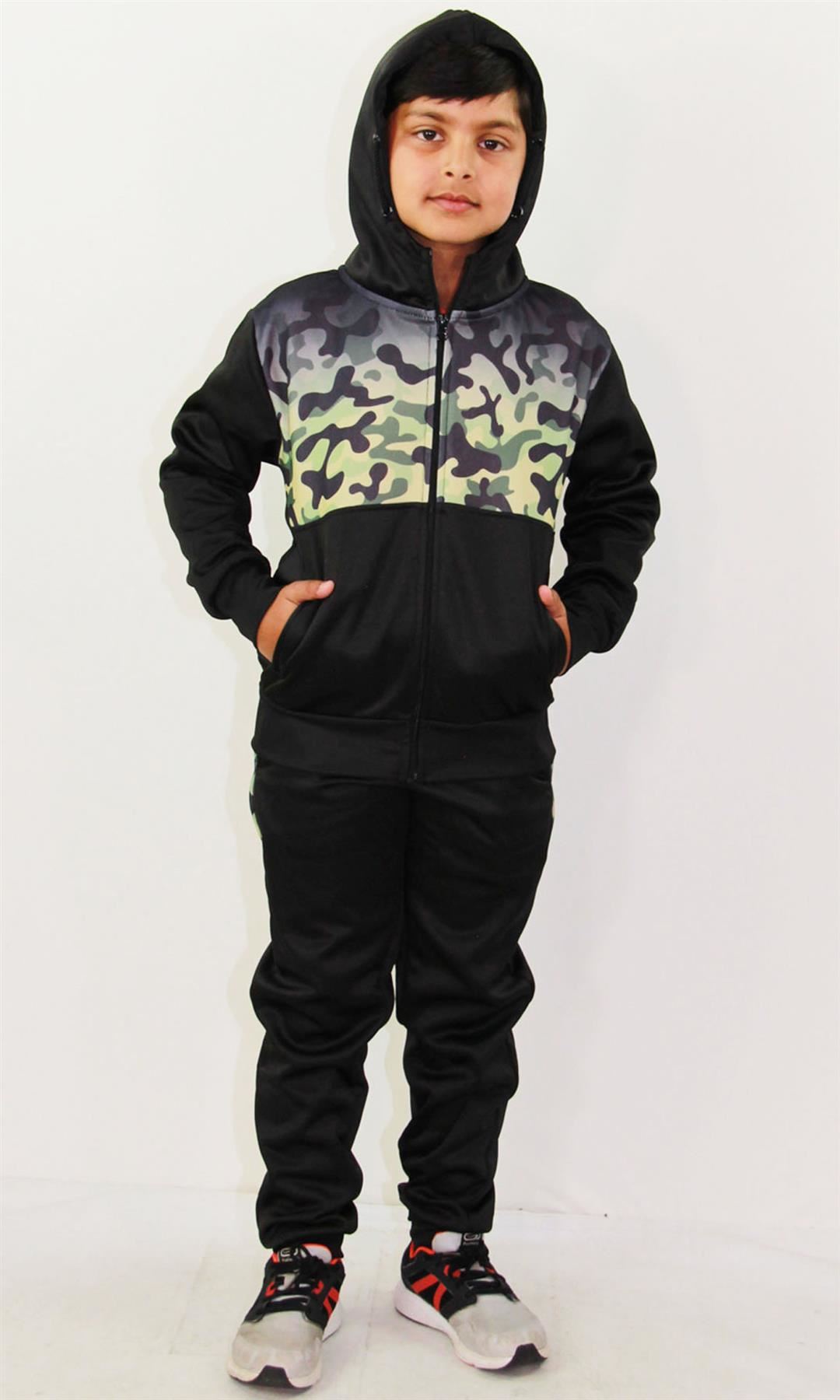 Kids Boys Girls Tracksuit Camouflage Side Panelled Hooded Top Bottom Joggingsuit