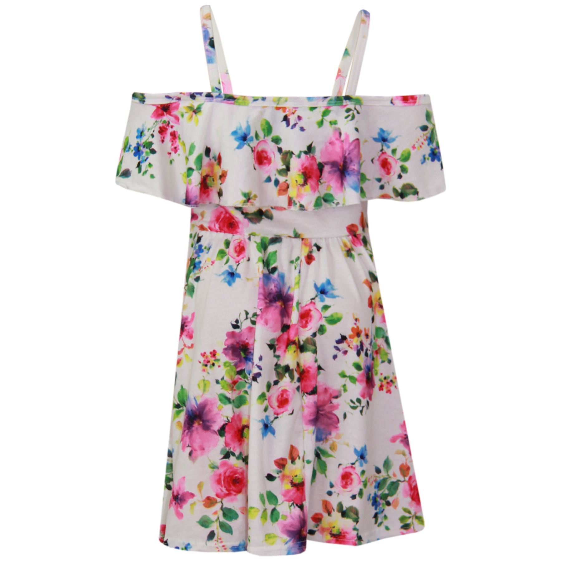 Girls Skater Dress Kids Peach Floral Summer Party Off Shoulder Dresses 7-13 Year