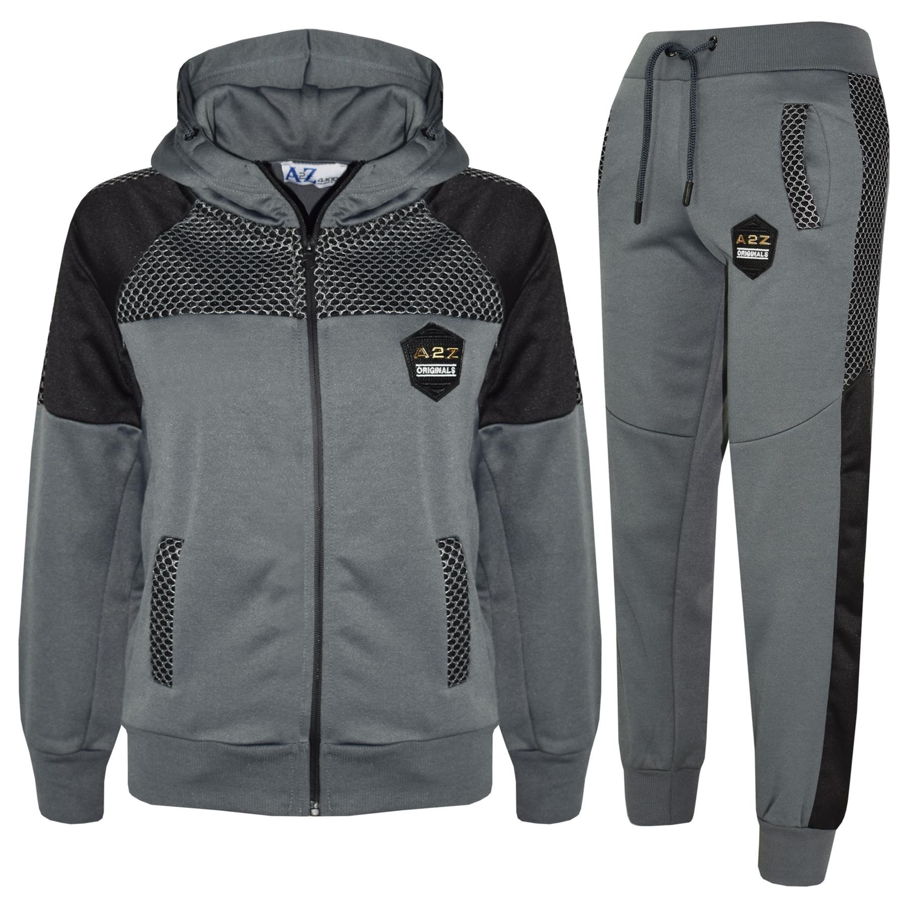 Kids Girls Boys Tracksuits Mesh Charcoal Hooded Top Bottom School Sports Joggers - Picture 2 of 9