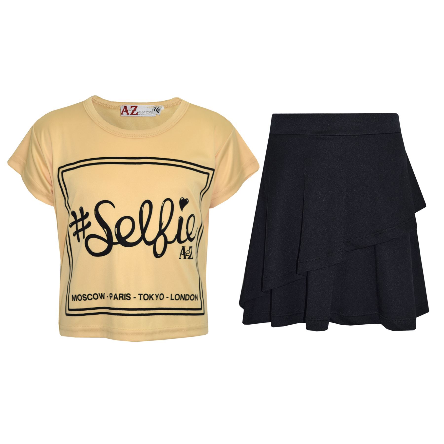 Kids Girls Crop Top And Fril Skirt Trendy Stylish Crew Neck Skater Skirt Set - Picture 21 of 41