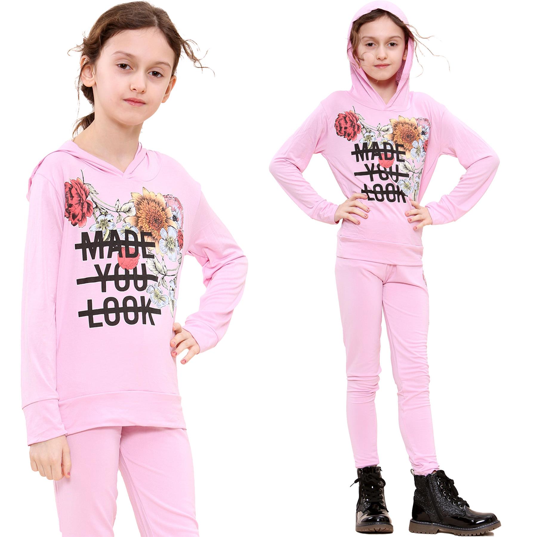 Girls Top Kids Made You Look Print Long Sleeves Hooded Top & Legging Set 5-13 Yr - Picture 3 of 21