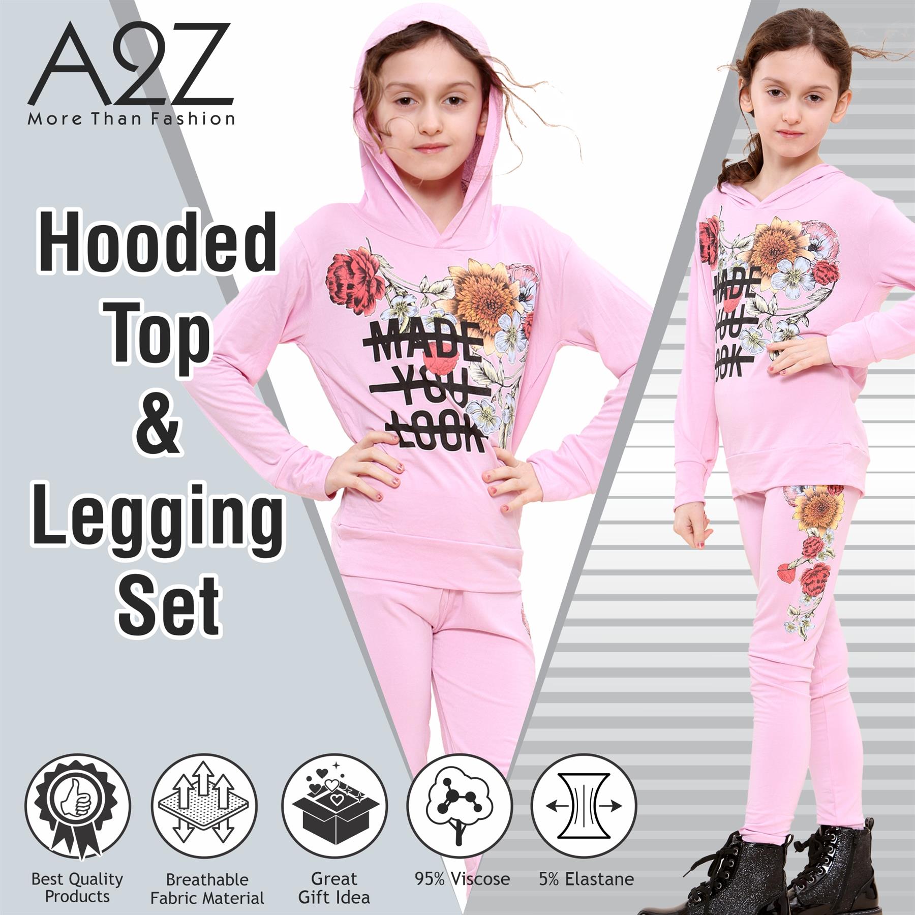 Girls Top Kids Made You Look Print Long Sleeves Hooded Top & Legging Set 5-13 Yr - Picture 5 of 21
