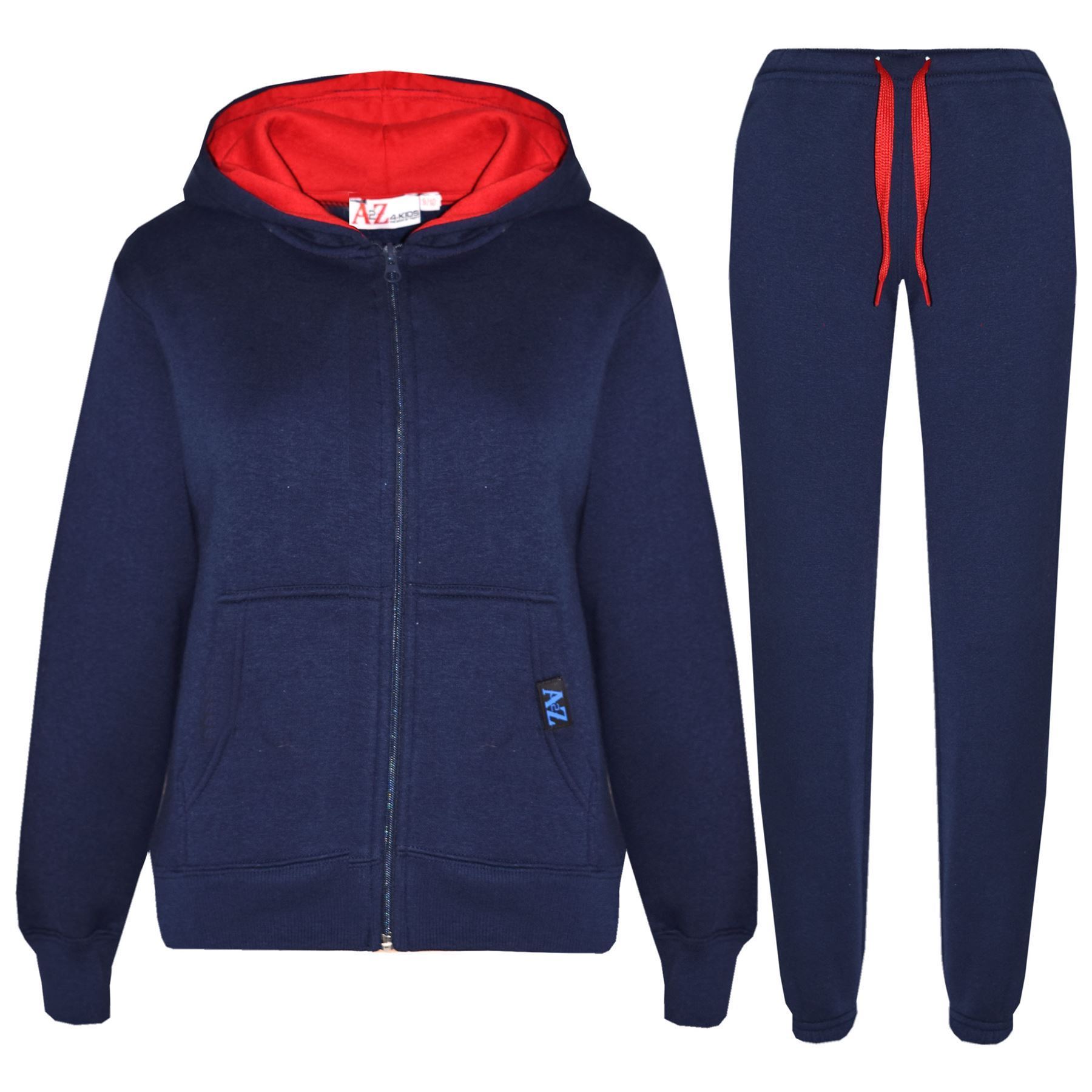 Kids Unisex Plain Tracksuit Contrast Hoodie with Joggers Sports Activewear Set - Picture 63 of 116