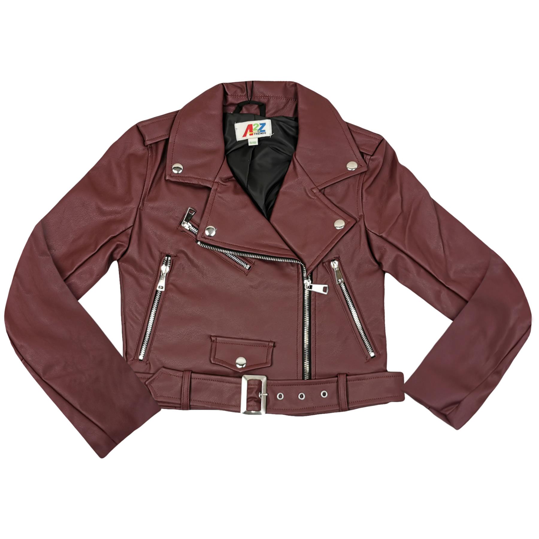 Kids Girls Jackets Designer's PU Leather Jacket Zip Up Biker Belted