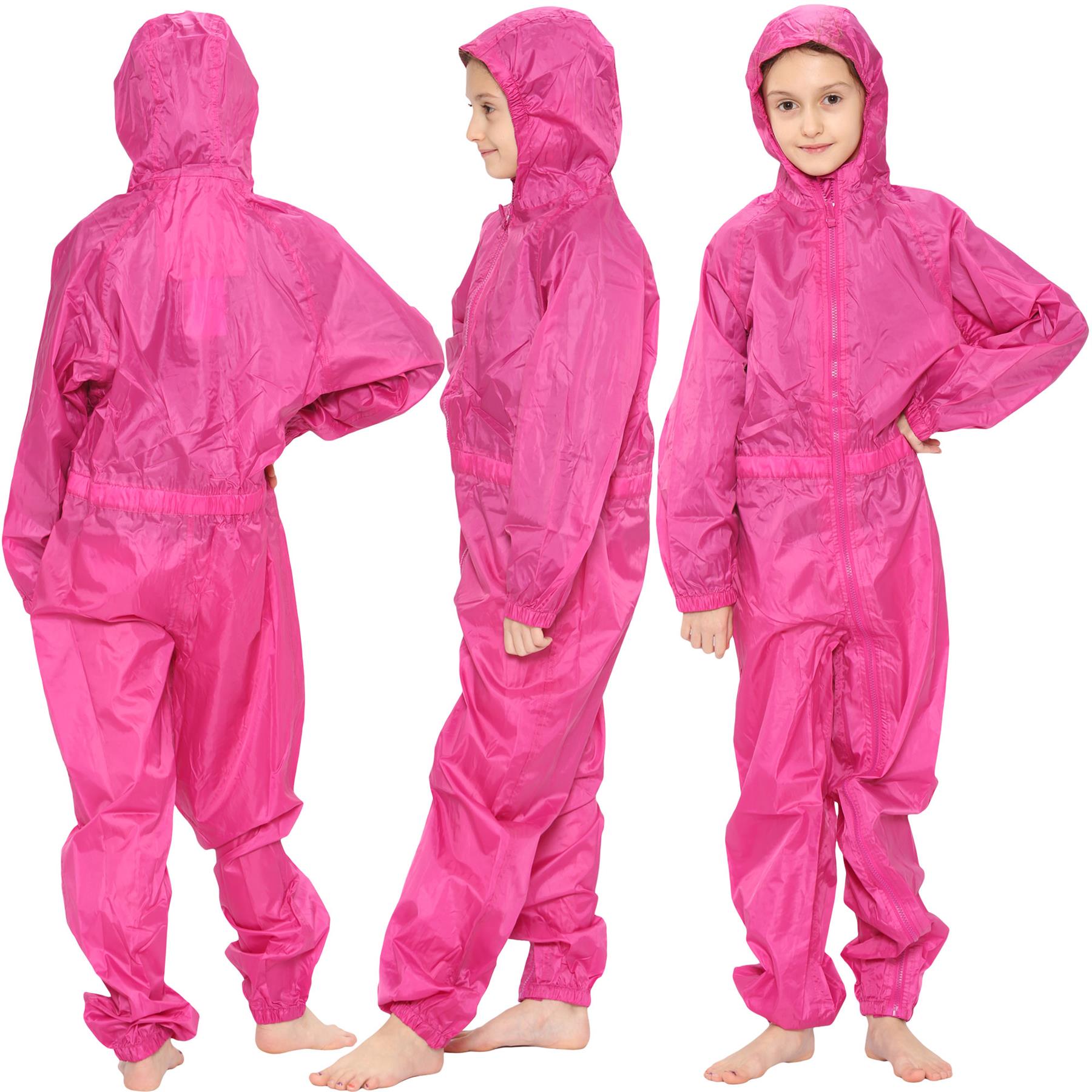 Girls Boys Raincoat Kids Pink Puddle Suit All in One Waterproof Hooded Rainsuit - Picture 6 of 8