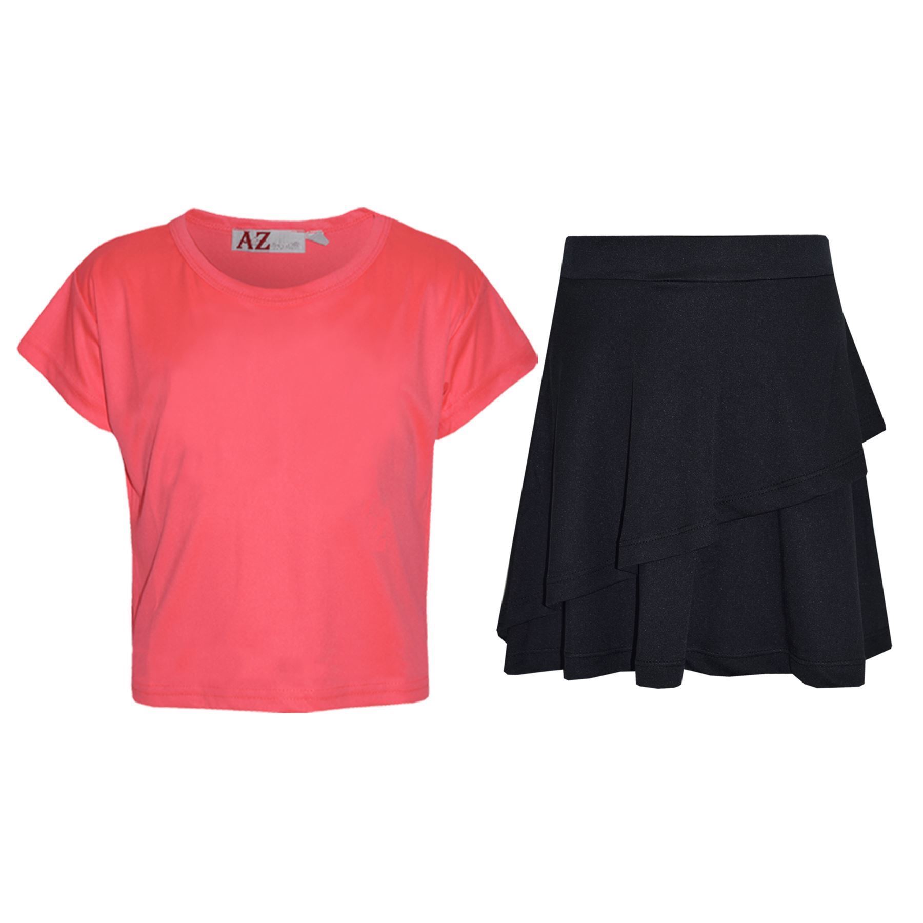 Kids Girls Crop Top And Fril Skirt Trendy Stylish Crew Neck Skater Skirt Set - Picture 27 of 41