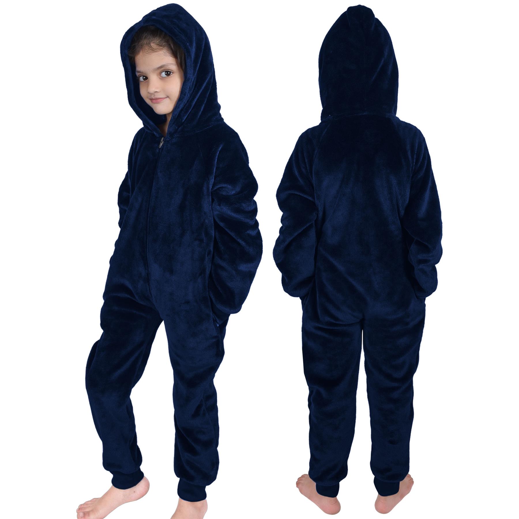 Kids Girls Boys Plain Fleece A2Z Onesie One Piece Hooded All In One Jumpsuit - Picture 18 of 27