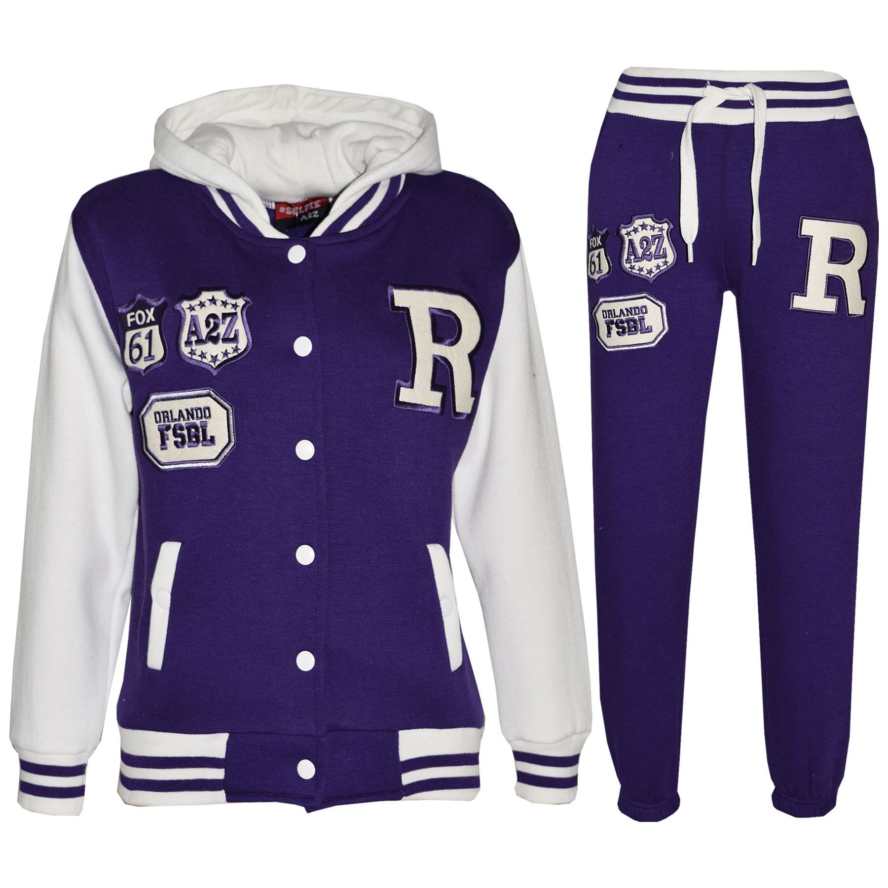 Kids Baseball Tracksuit Hooded Jacket With Joggers R Fashion FOX Varsity Style - Picture 35 of 55