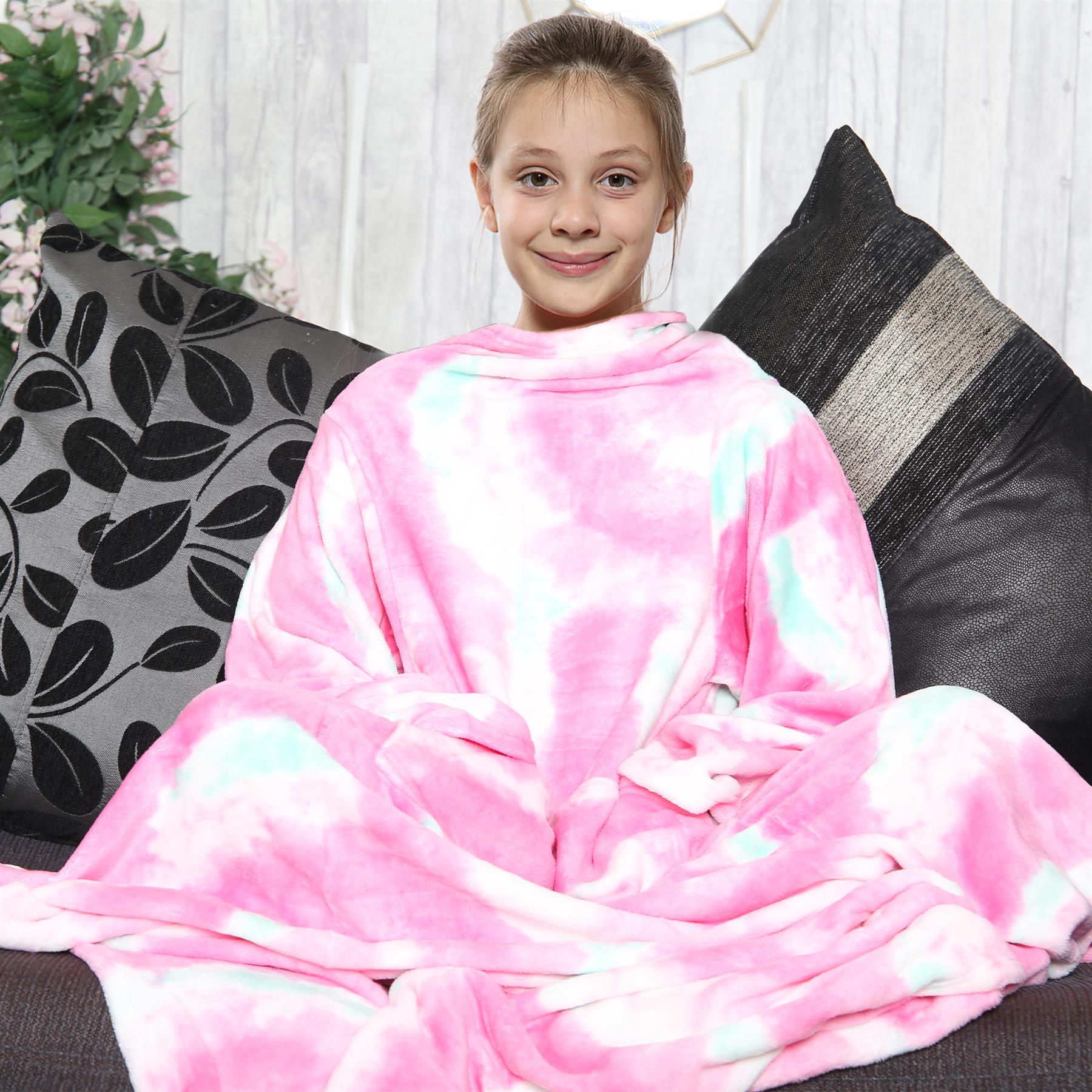 Girls Tie Dye Pink Wearable Snuggle Blanket With Sleeves Super Soft Warm Fleece - Picture 4 of 8