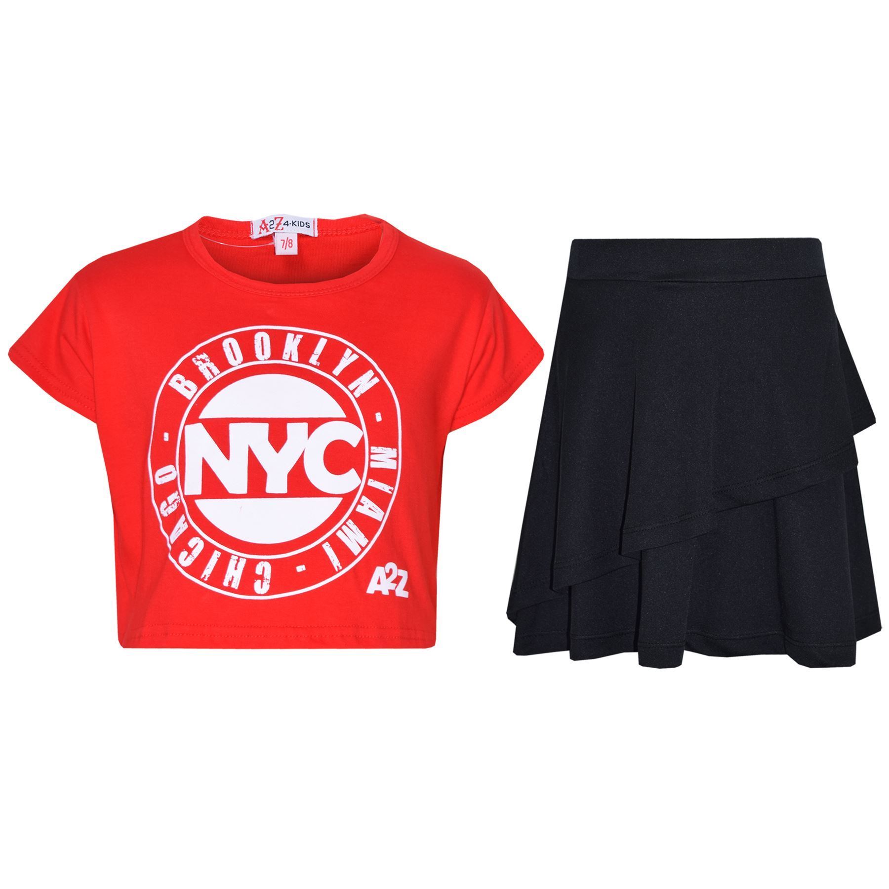 Kids Girls Crop Top And Fril Skirt Trendy Stylish Crew Neck Skater Skirt Set - Picture 31 of 41
