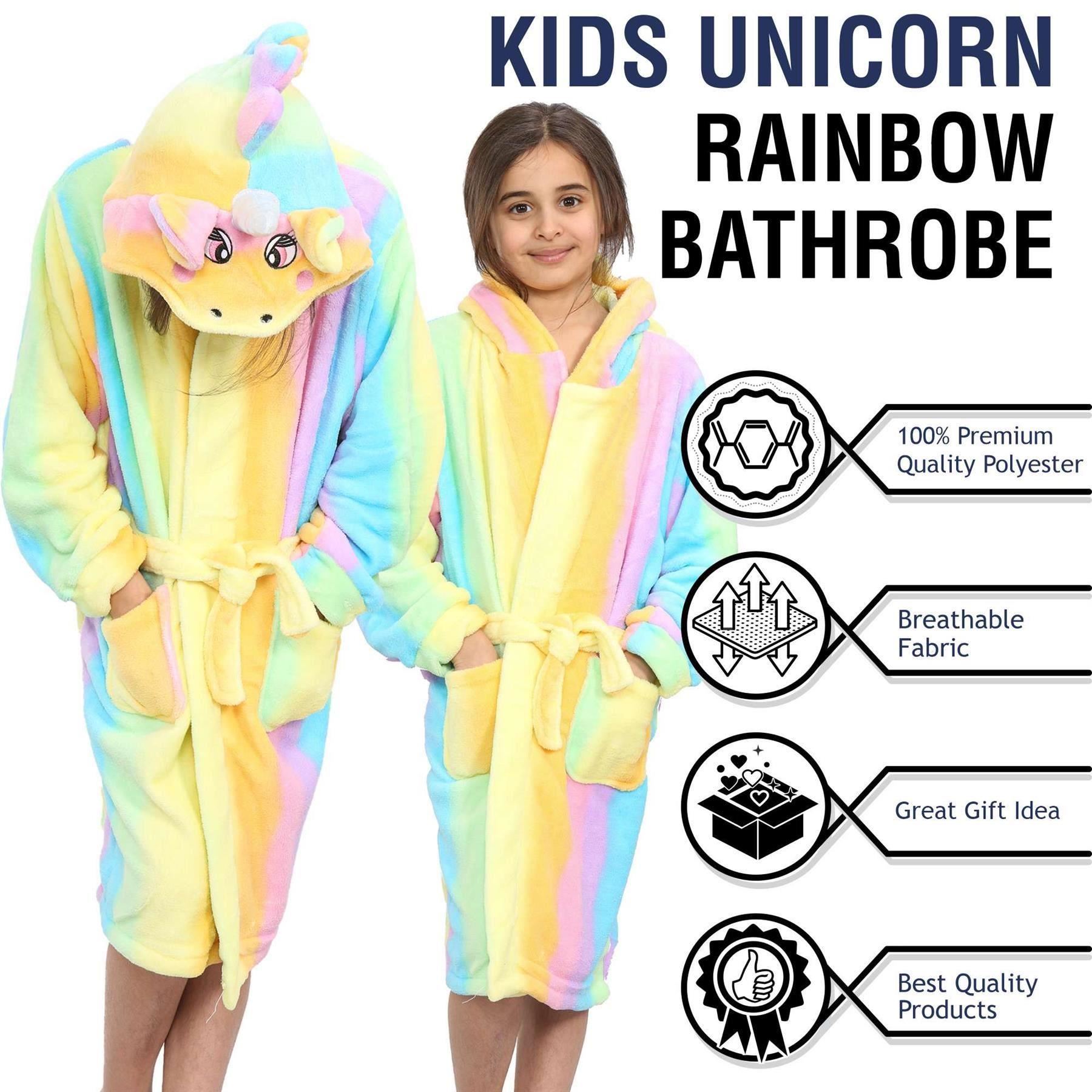 Kids Girls Unicorn Rainbow Print Hooded Bathrobe Gown Cosplay Costume Loungewear - Picture 6 of 7