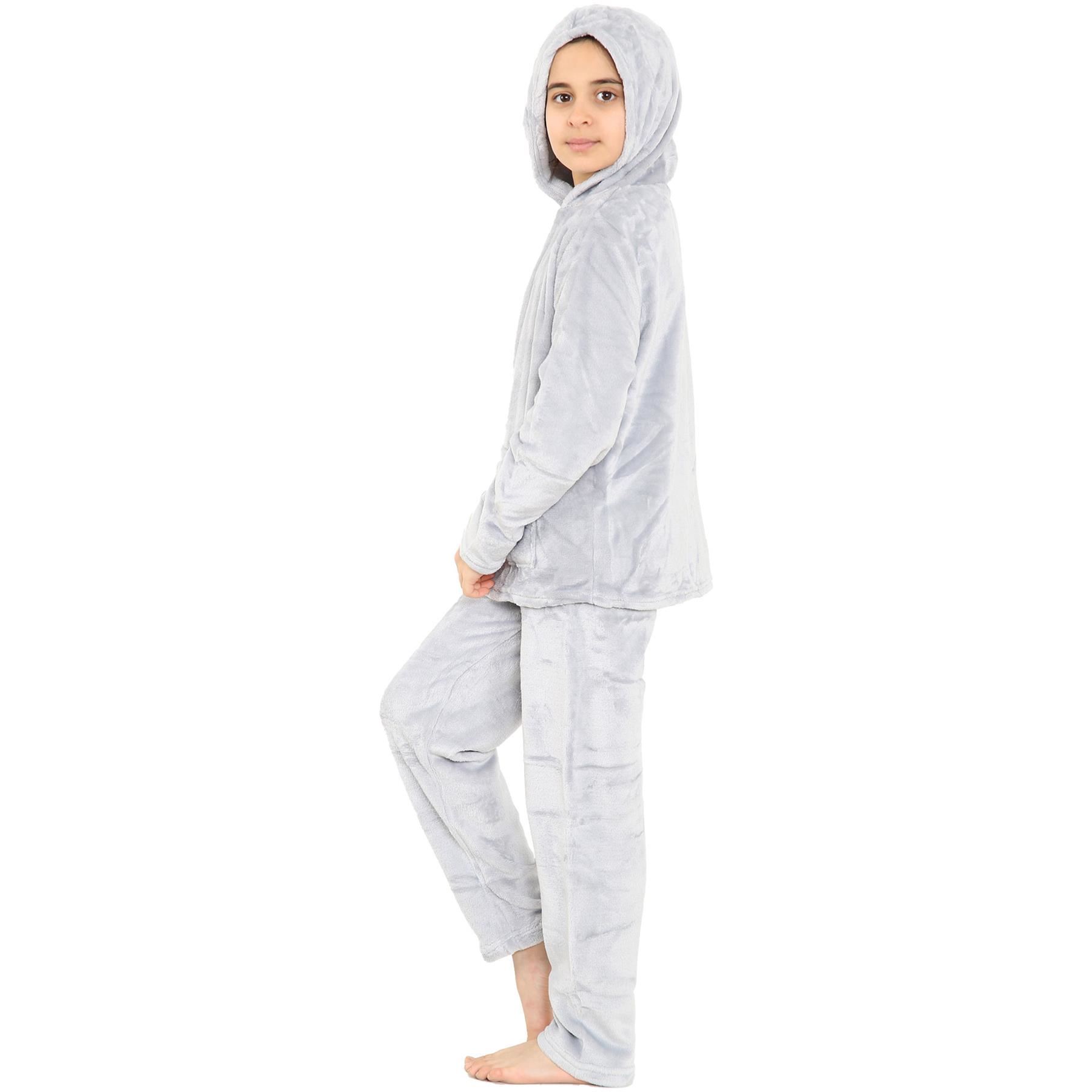 Kids Warm Fleece Hooded Pyjamas For Girls & Boys Sleepover 2 Piece Gift Set - Picture 18 of 31