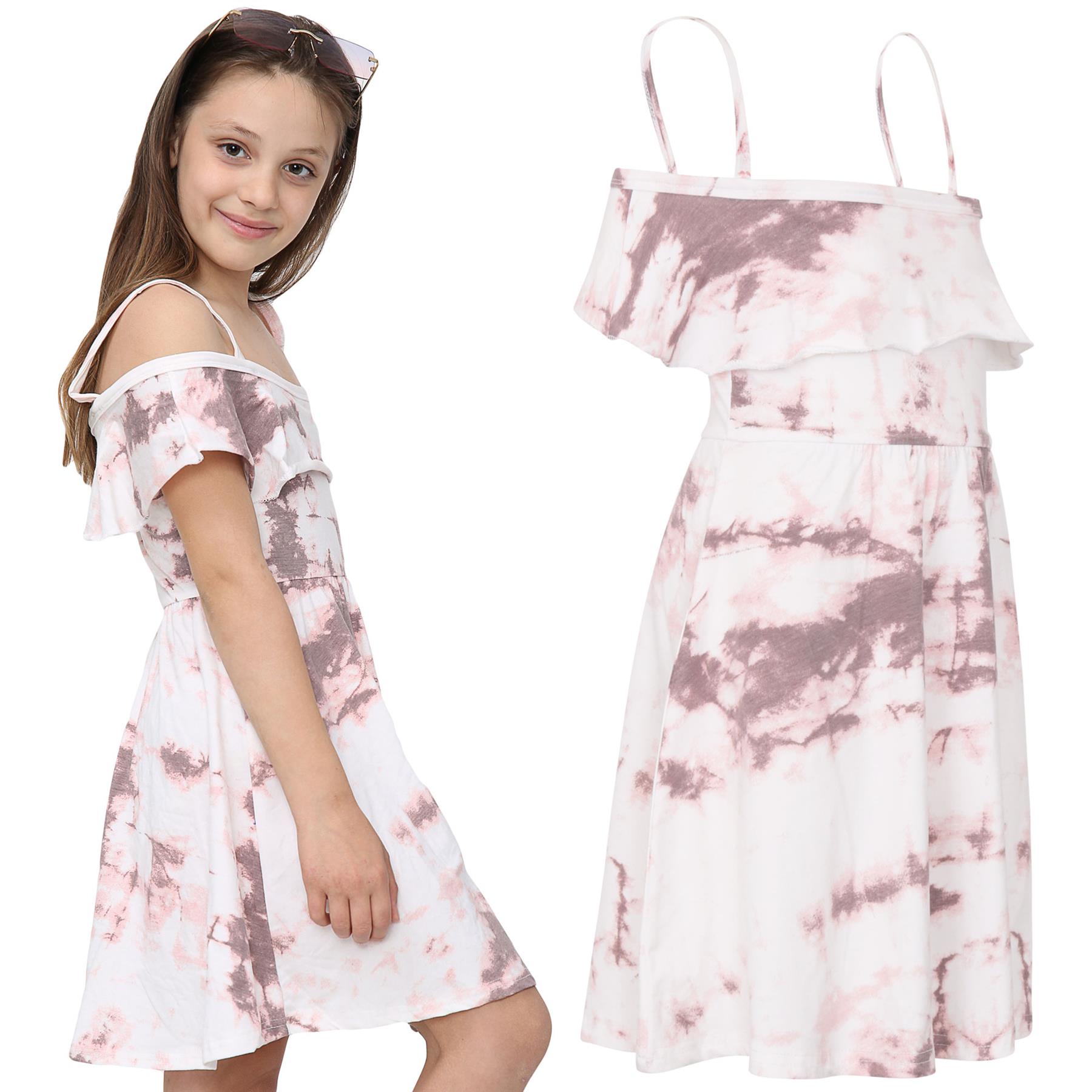 Girls Skater Dress Kids Plain Color Summer Party Off Shoulder Dresses 7-13 Yr - Picture 108 of 111