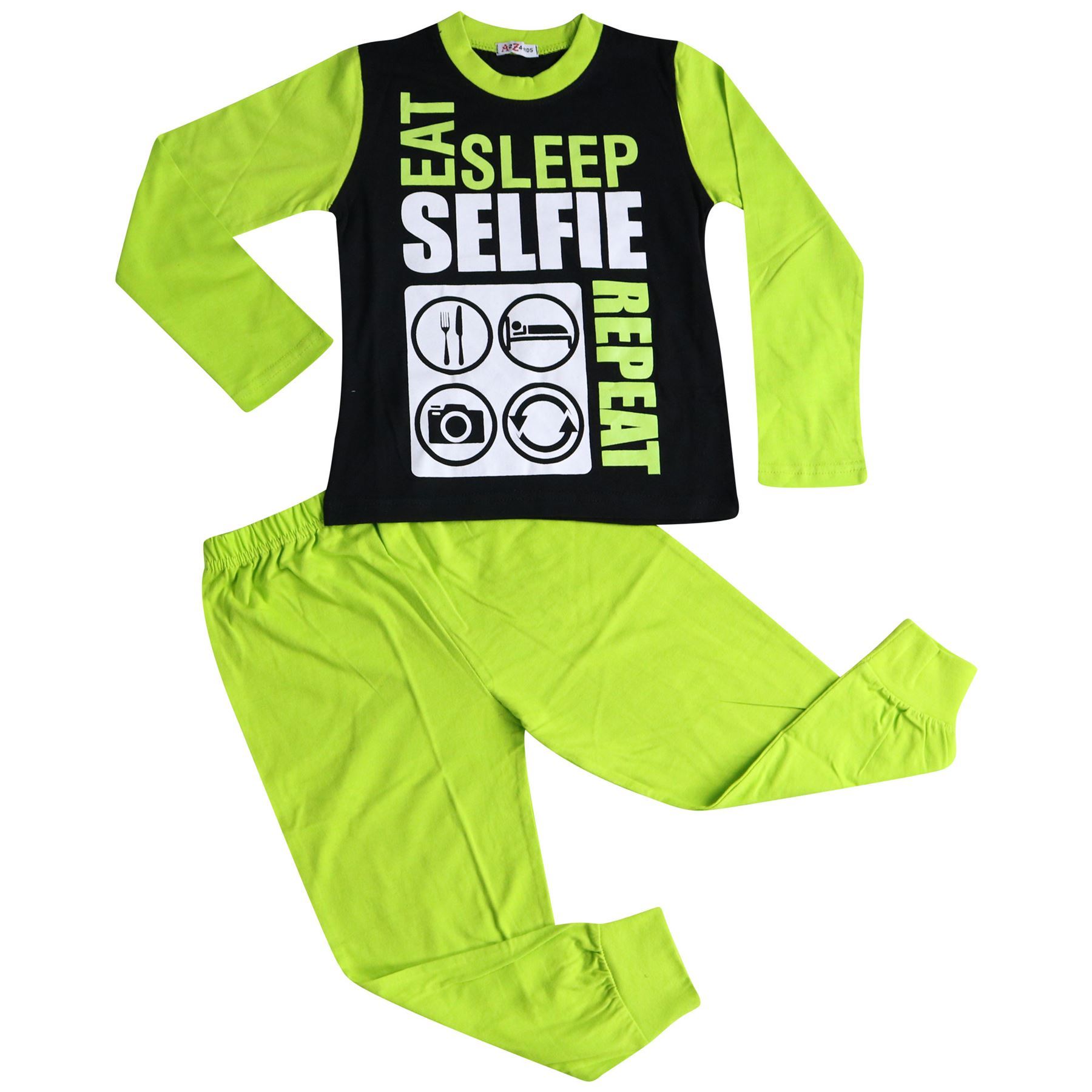 Kids Girls Boys Eat Sleep Selfie Repeat Pajamas Lime Lounge Wear PJS 2-13 Years - Picture 3 of 4