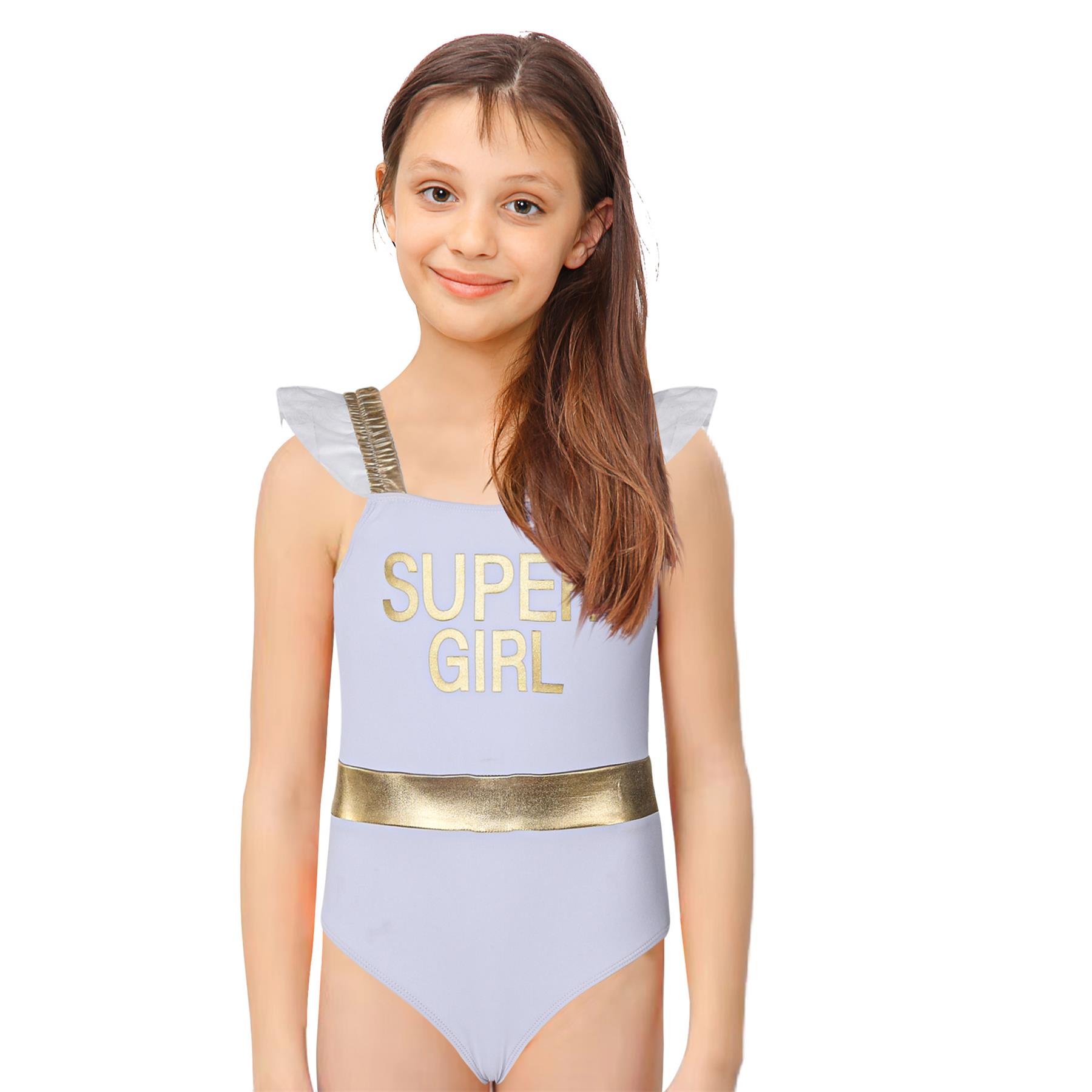 Kids Girls One Piece Swimsuit Gold Trim Super Girl Beach Surfing Swimwear 2-14 - Picture 3 of 7