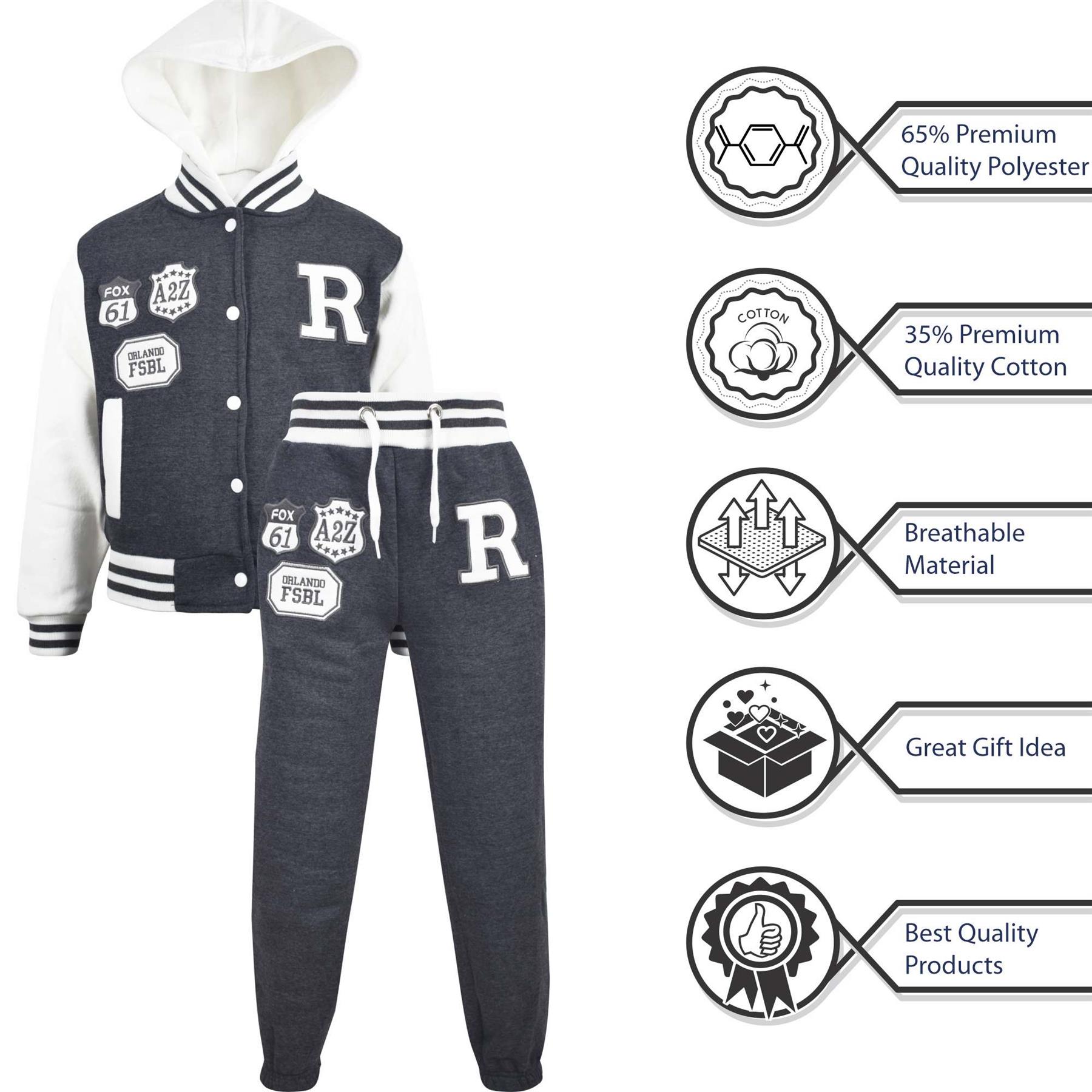 Kids Baseball Tracksuit Hooded Jacket With Joggers R Fashion FOX Varsity Style - Picture 32 of 55