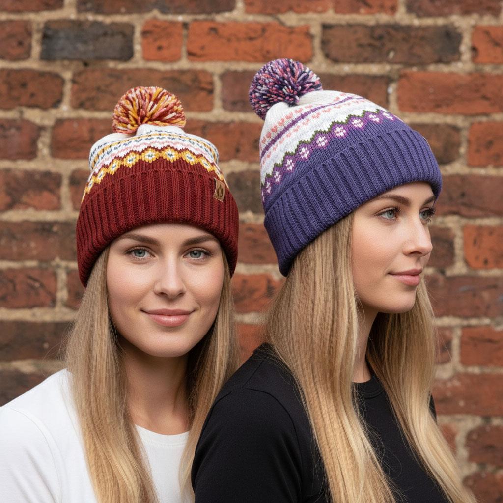 Ladies Hats Thermal Sherpa Lined Nordic Bobble Beanie Pom Pom Winter Warm Caps - Produktbild 1