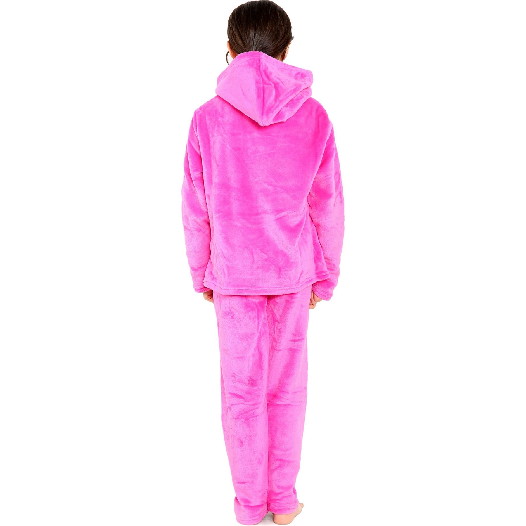 Kids Warm Fleece Hooded Pyjamas For Girls & Boys Sleepover 2 Piece Gift Set - Picture 28 of 31