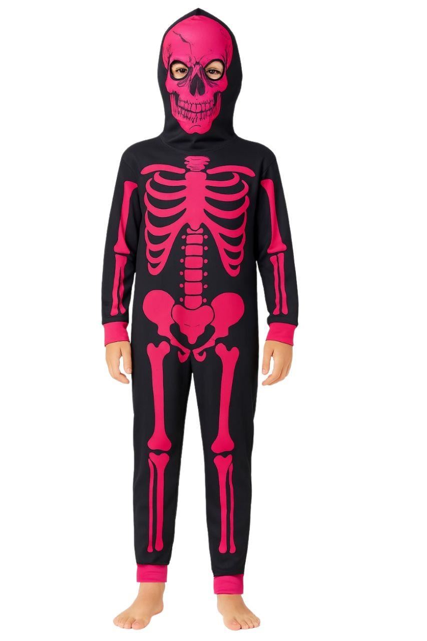 Kids Girls Boys Skeleton Print Neon Pink A2Z Onesie One Piece Halloween Costume - Picture 2 of 8