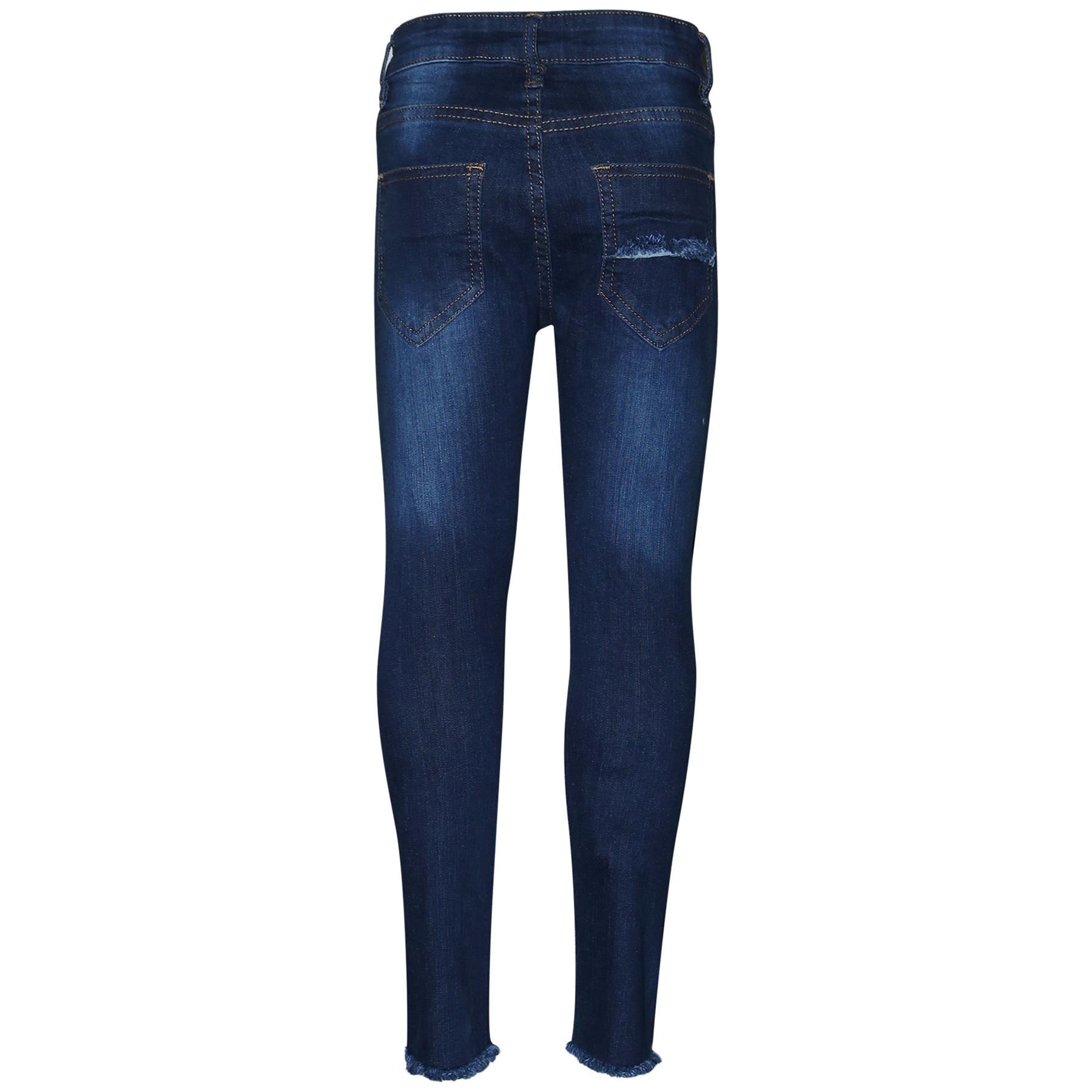 Girls Stretchy Jeans Kids Jet Black Denim Ripped Pants Frayed Trousers 5-13 Year