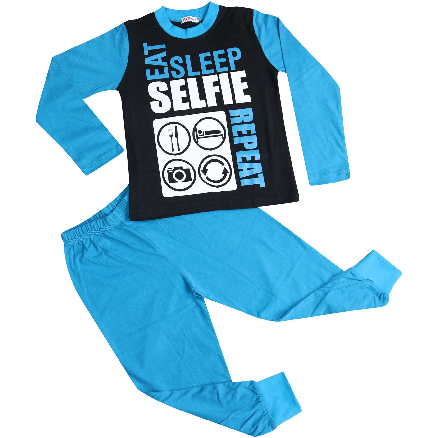 Kids Girls Boys Eat Sleep Selfie Repeat Pajamas Blue Lounge Wear PJS 2-13 Years - Picture 3 of 4