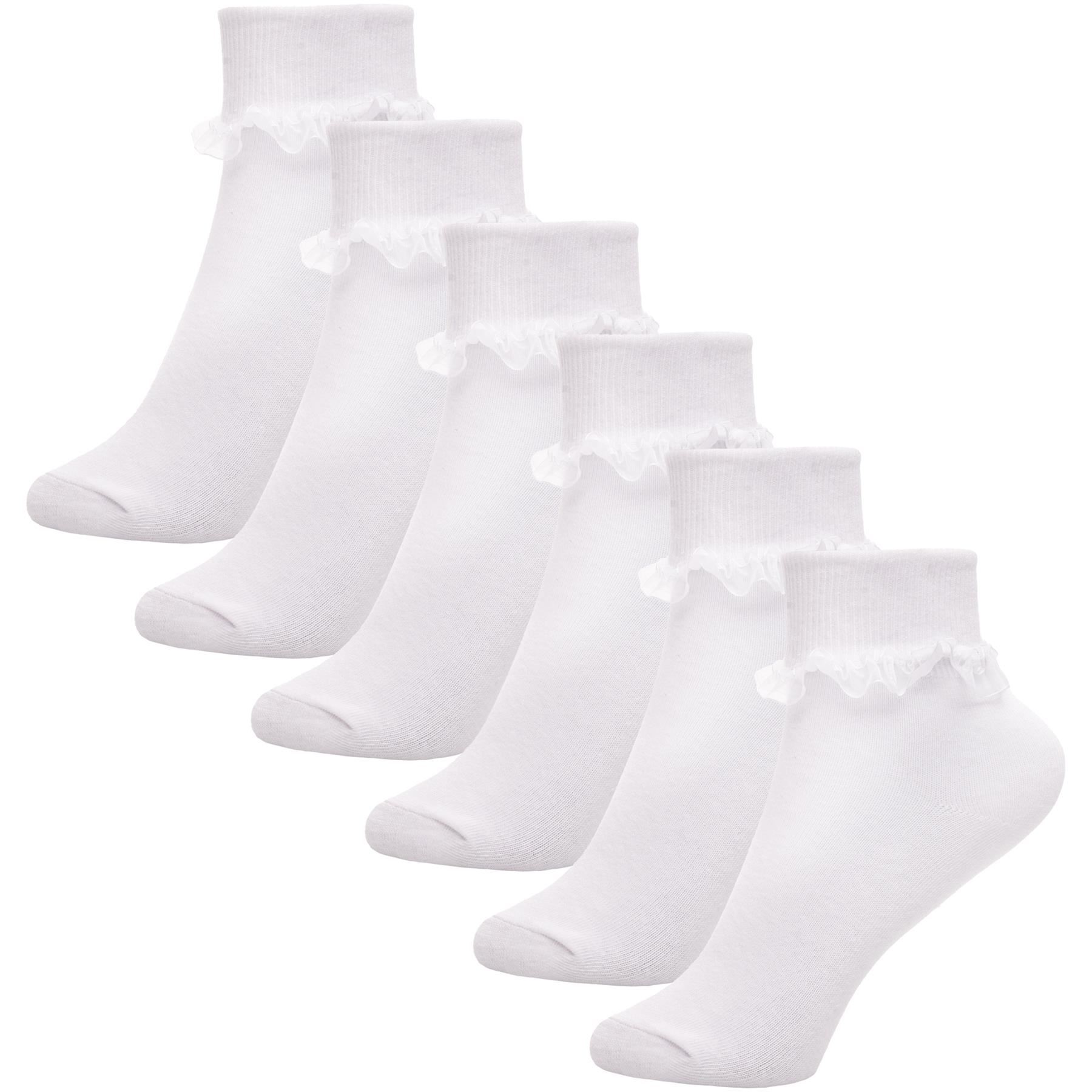 Kids Girls Frilly Lace Ankle Socks Pack of 6 Cotton School Party Lace Trim Socks