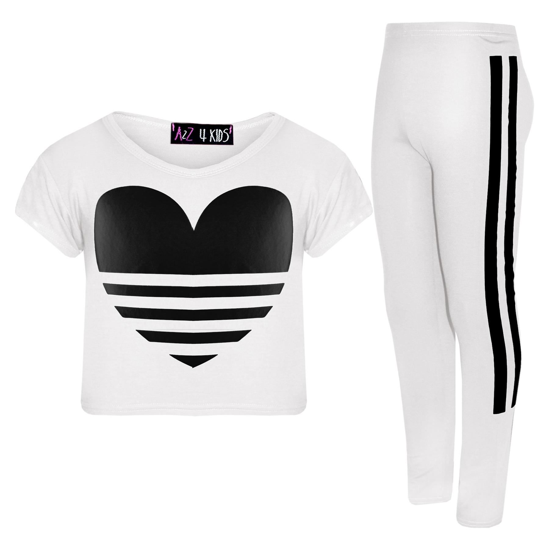 Girls Tops Kids Designer's Heart Print Crop Top & Fashion Legging Set 5-12 Years - Picture 19 of 23