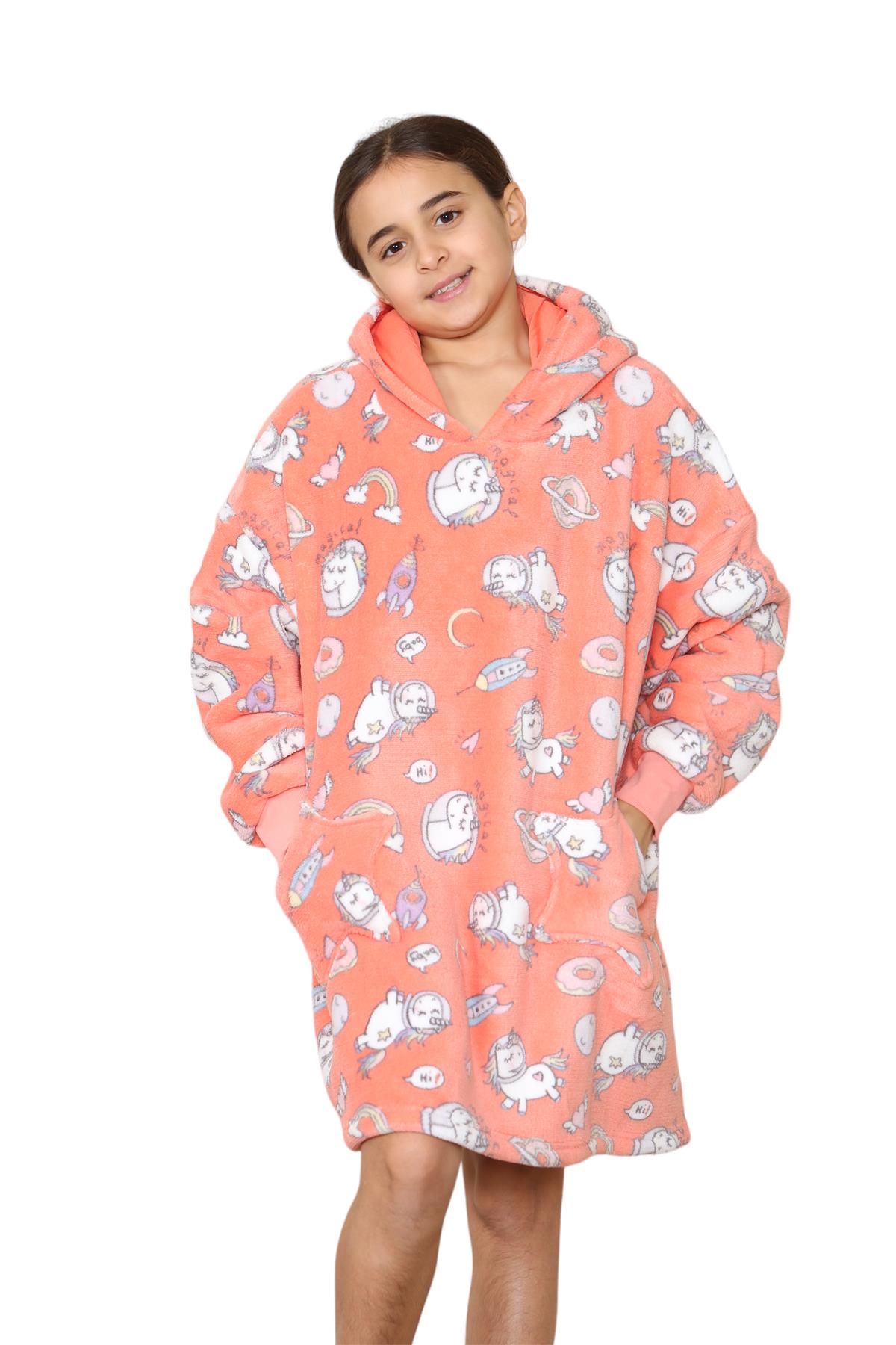 Kids Girls Boys Oversized Hoodie Animal Snuggle Blanket Super Soft Warm Fleece - Picture 35 of 47