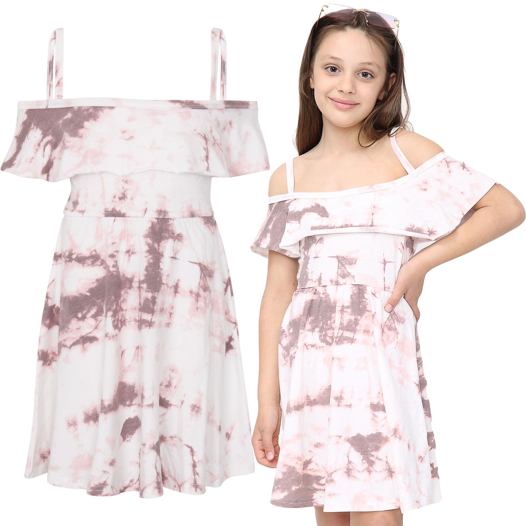 Girls Skater Dress Kids Plain Color Summer Party Off Shoulder Dresses 7-13 Yr - Picture 104 of 111