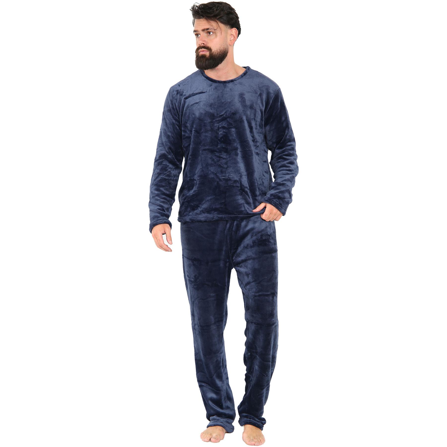 Mens Pyjamas Soft Warm Fleece Adults Crew Neck Pyjamas 2 Piece Gift Set For Mens - Picture 20 of 25