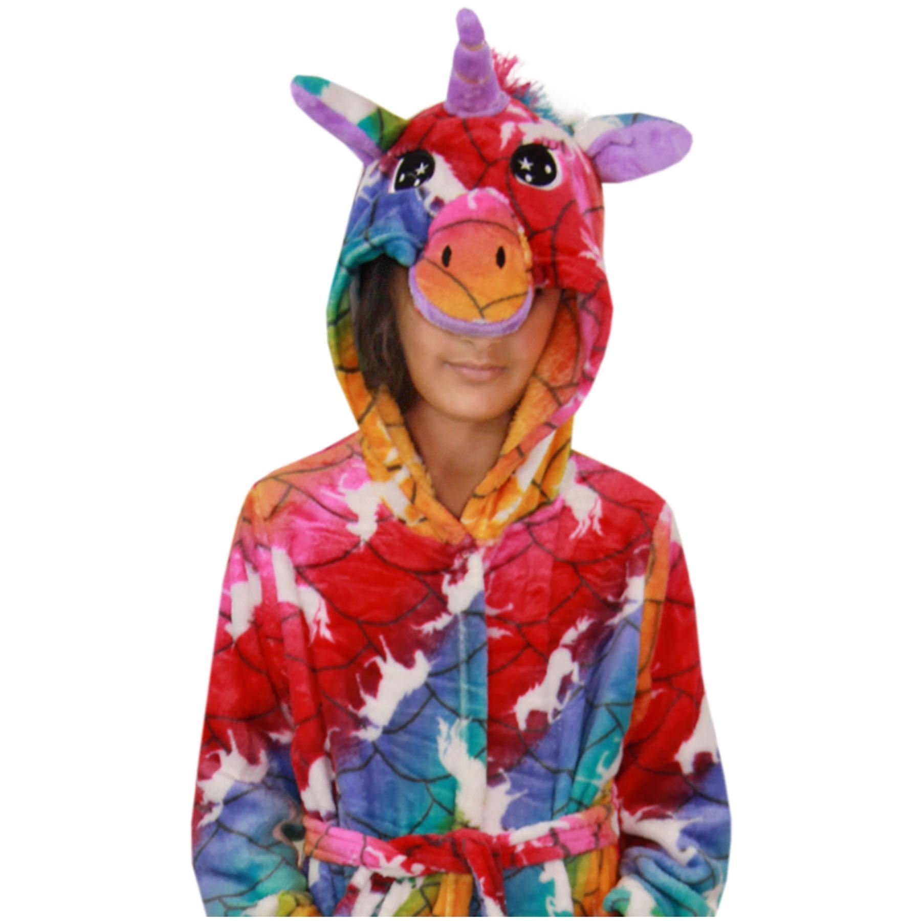 Kids Girls Unicorn Hooded Bathrobe Rainbow Gown Xmas Cosplay Costume