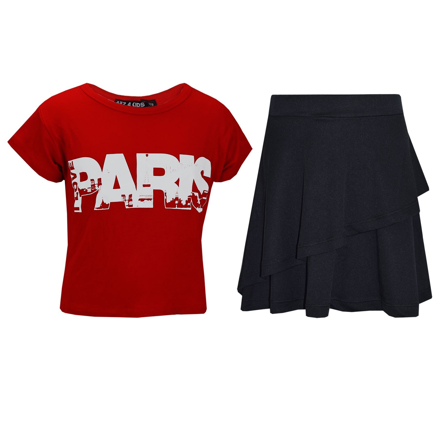 Kids Girls Crop Top And Fril Skirt Trendy Stylish Crew Neck Skater Skirt Set - Picture 36 of 41
