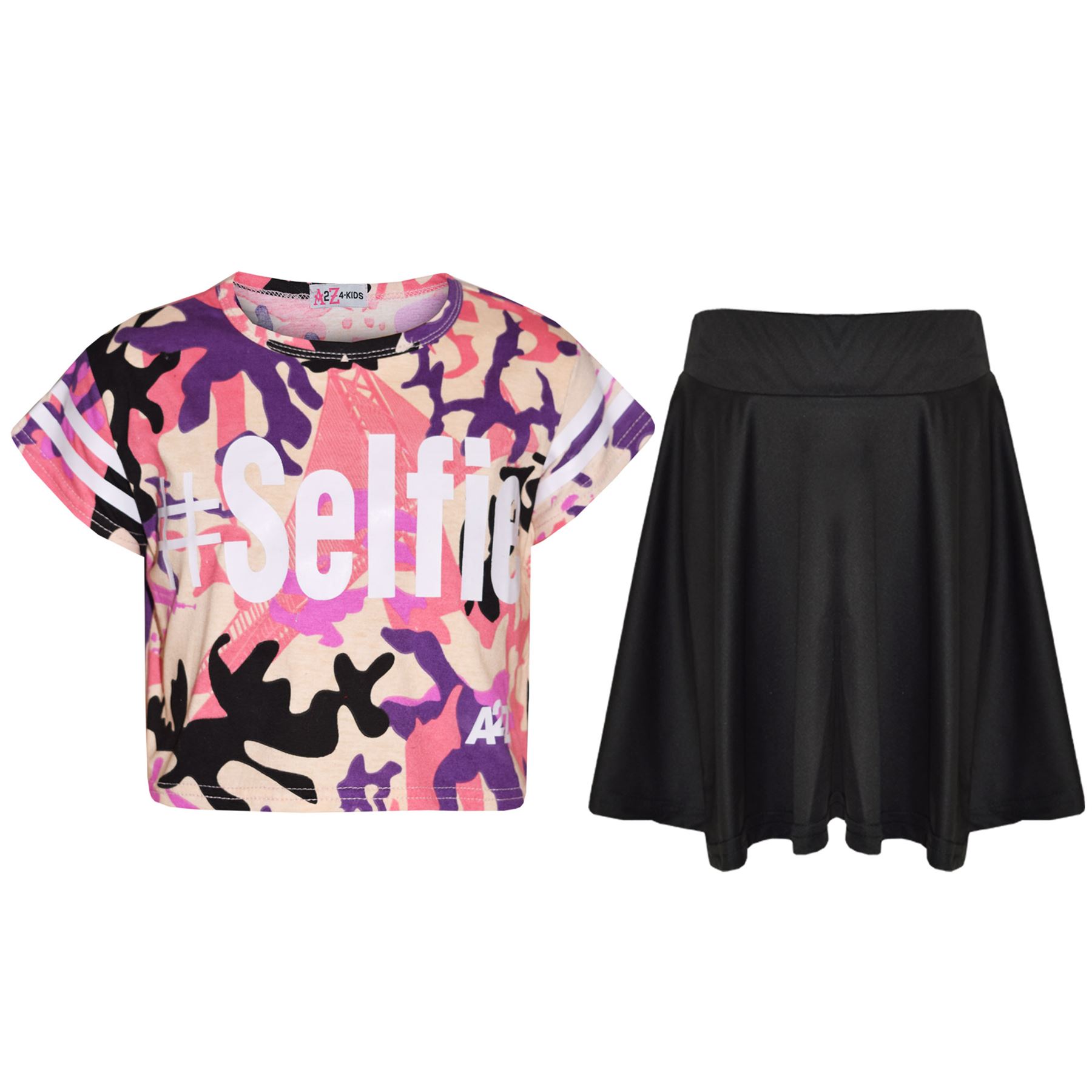 Girls Tops Kids Designer's #Selfie Camouflage Crop Top & Skater Skirt Set 5-13Yr - Picture 6 of 34