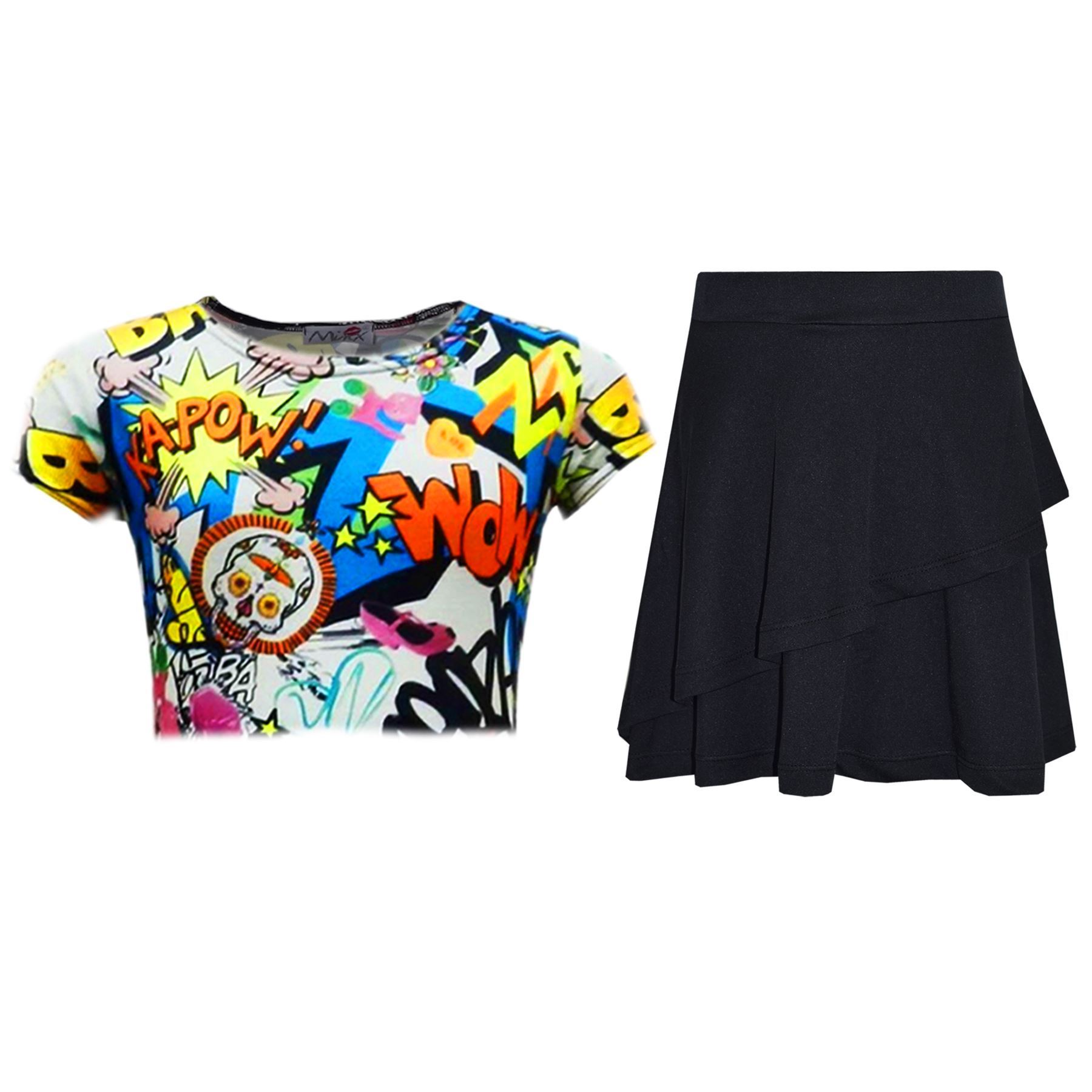 Kids Girls Crop Top And Fril Skirt Trendy Stylish Crew Neck Skater Skirt Set - Picture 9 of 41