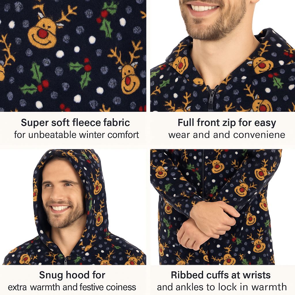 A2Z Hombres Mujeres Navidad Micro Vellón Con Capucha Suave Cálido Todo en Uno Pijama Festivo - Imagen 6 de 13