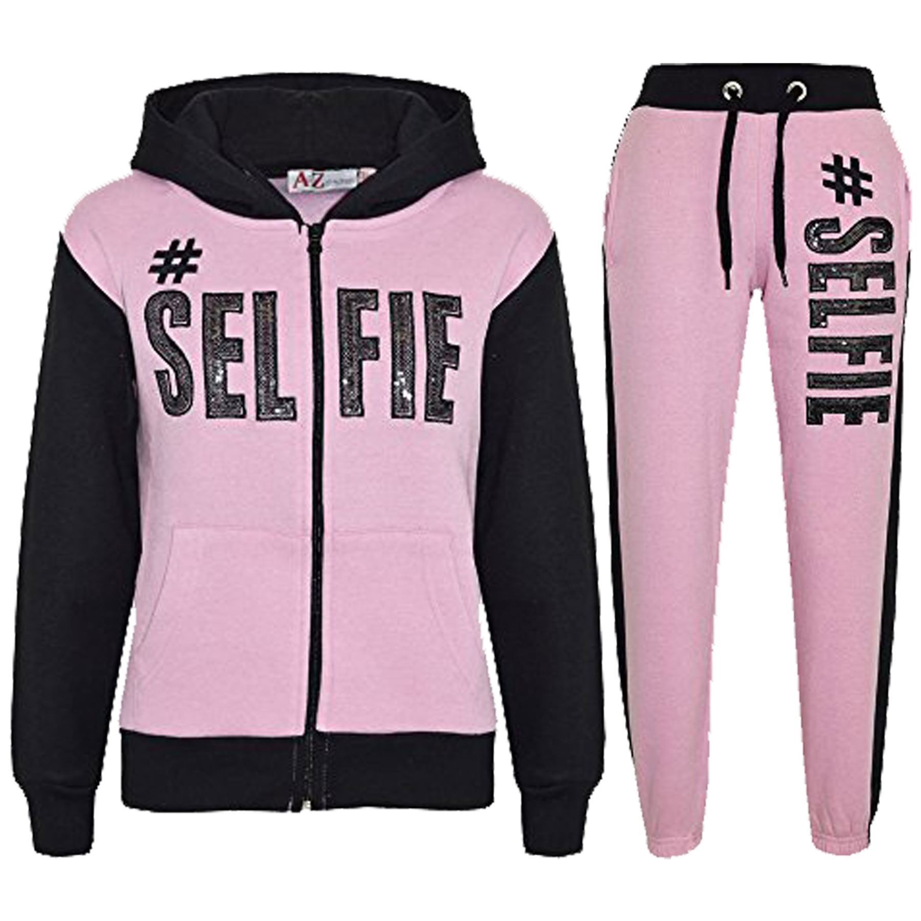 Kids #SELFIE Tracksuit Sequin Embroidered Hoodie Joggers Girls Boys Age ...