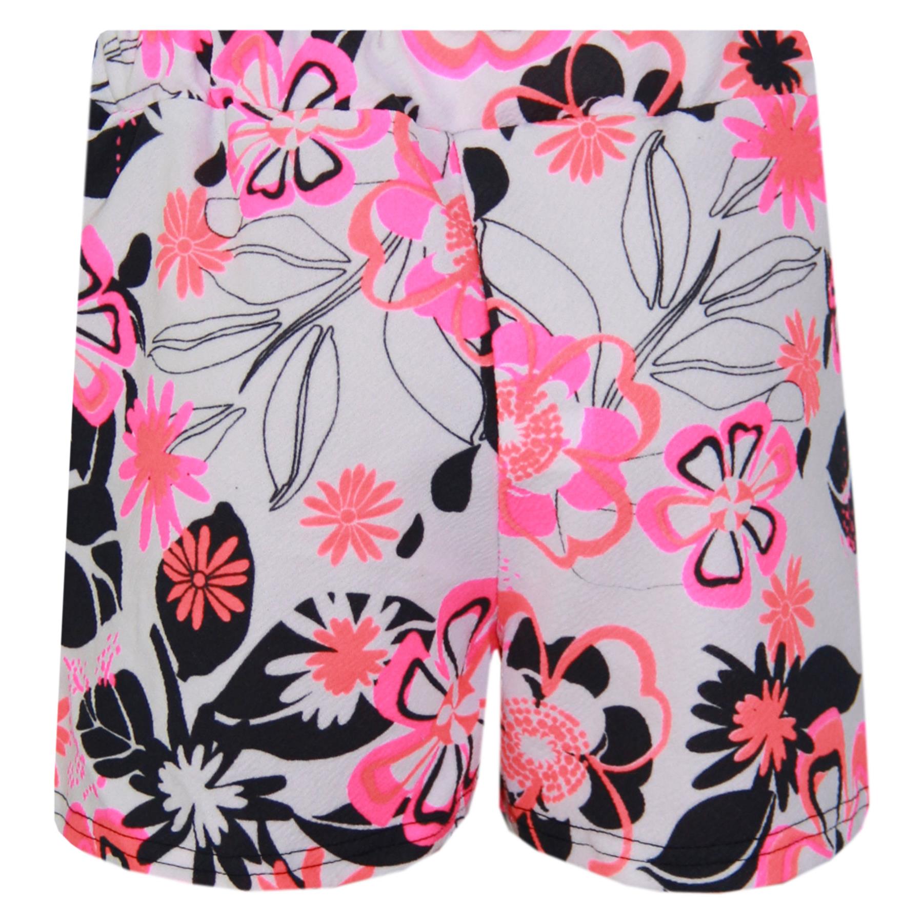 Kids Girls Crop Top & Shorts Neon Pink Floral Fashion Summer Outfit Short Sets - Picture 6 of 7