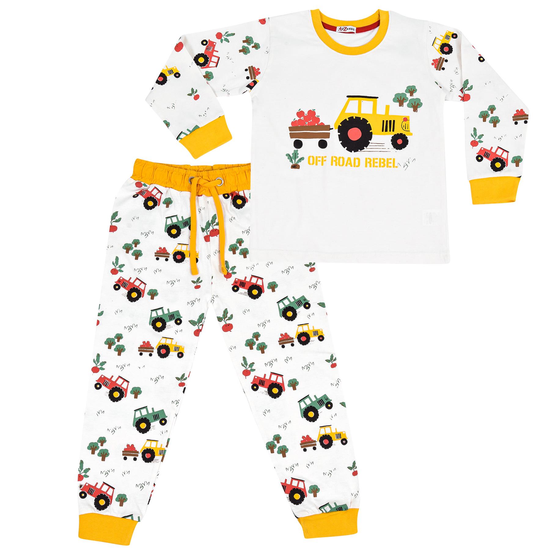 Kids Girls Boys Pyjamas Tractor Contrast Top Bottom Sleepwear Unisex Outfit Set - Picture 6 of 10
