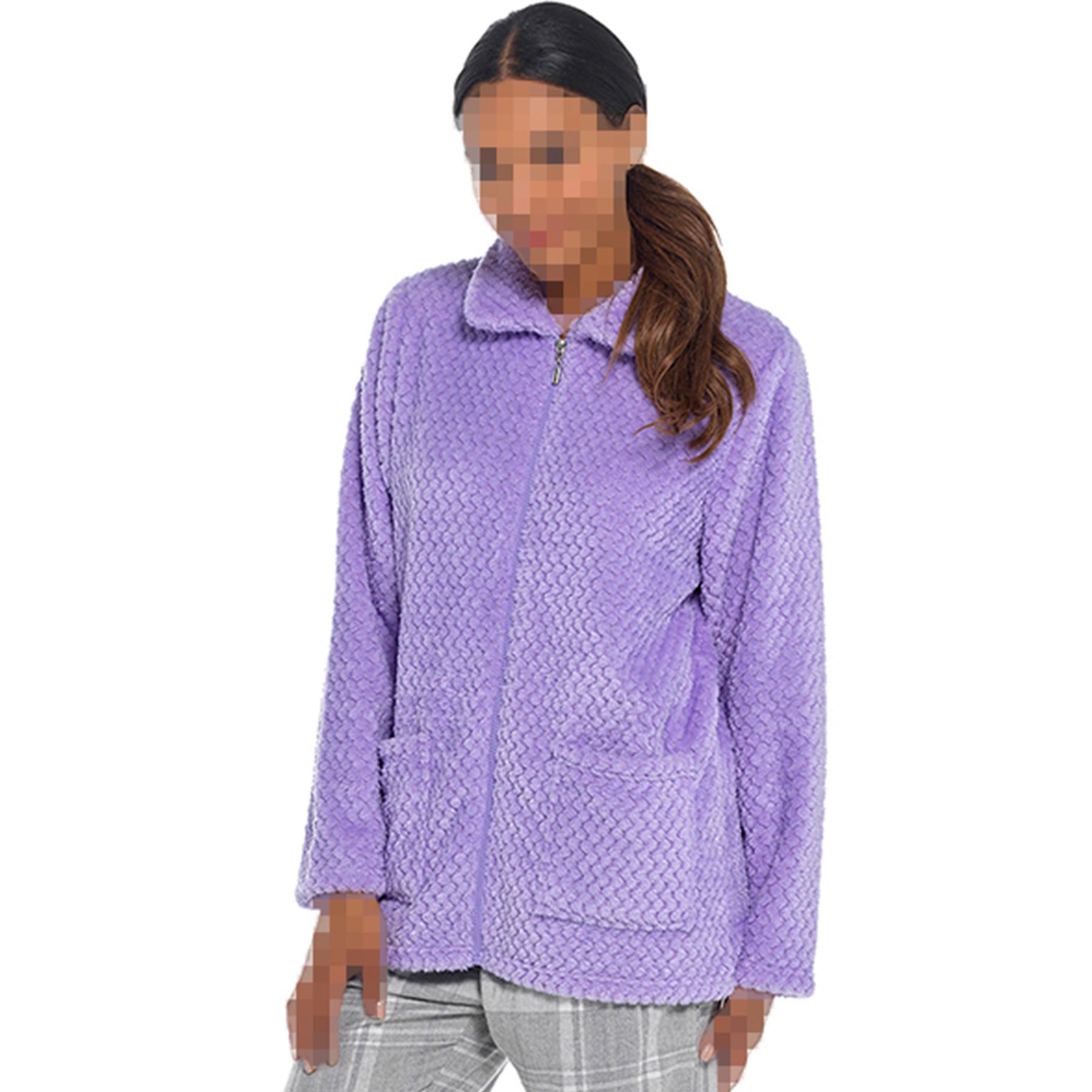 Ladies Bed Jacket Soft Winter Waffle Fleece Zip Up Warm Housecoat With Pocket - Picture 2 of 4