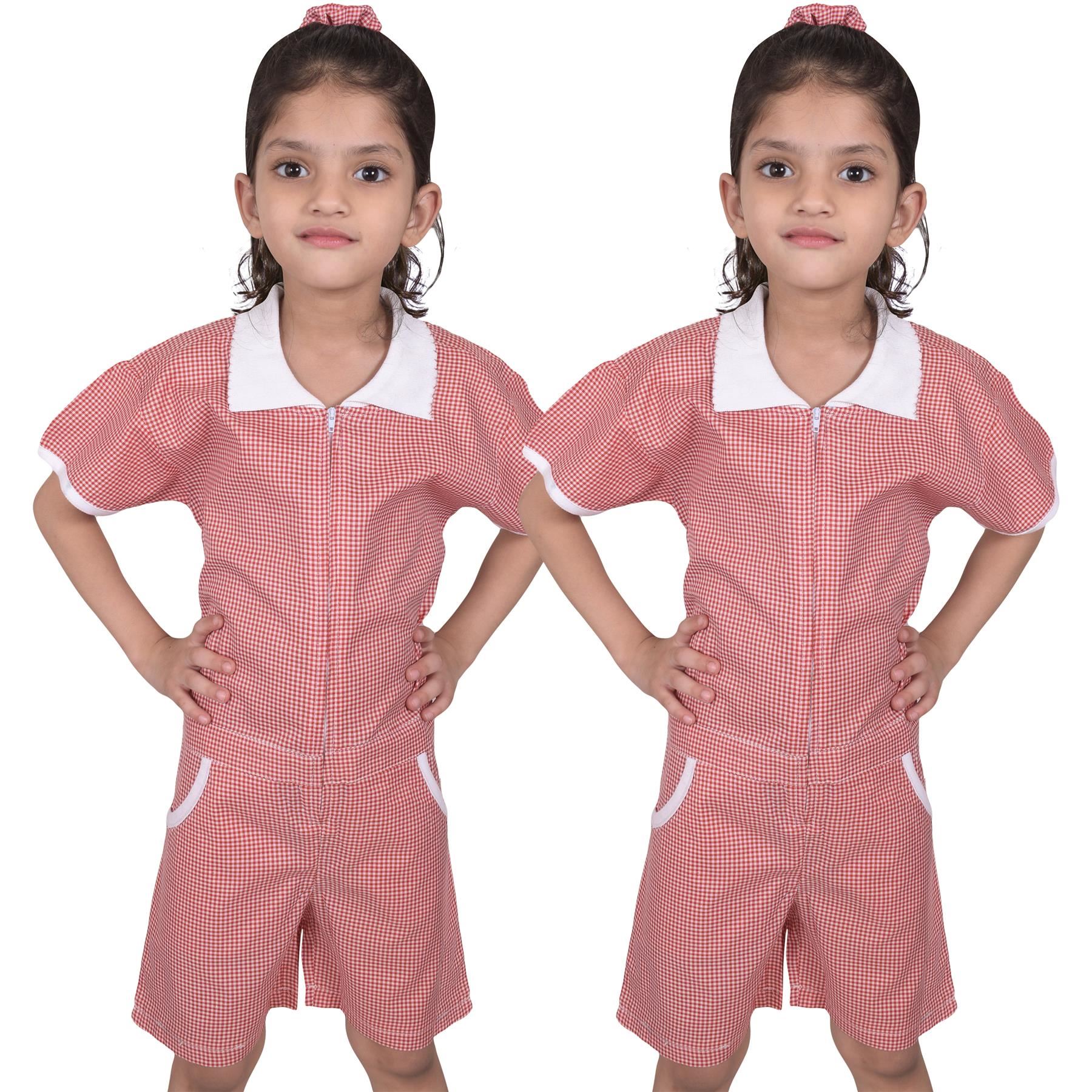Kids Girls Gingham School 2 Pack Check Summer Playsuit With Matching Scrunchies