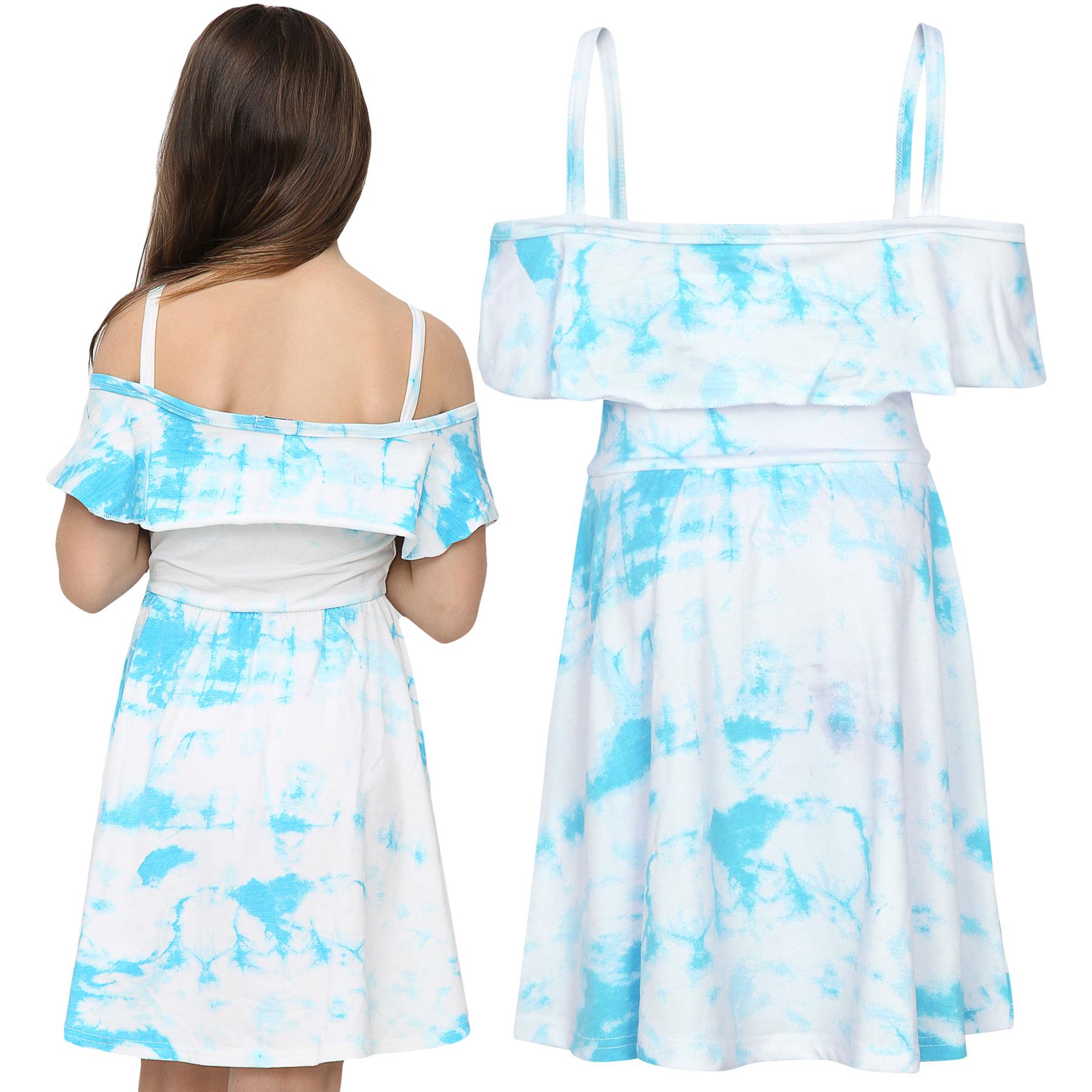 Girls Skater Dress Kids Plain Color Summer Party Off Shoulder Dresses 7-13 Yr - Picture 76 of 111