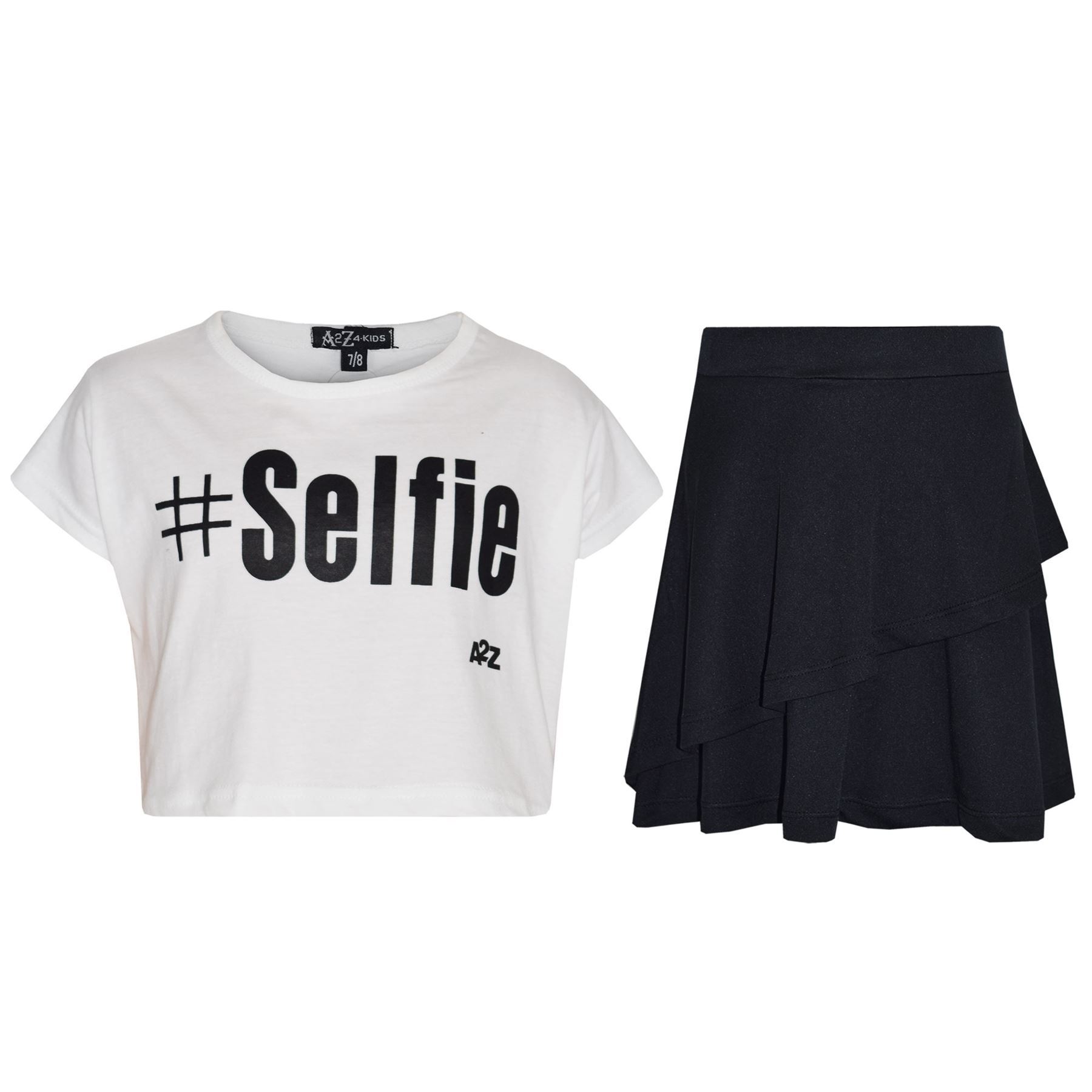 Kids Girls Crop Top And Fril Skirt Trendy Stylish Crew Neck Skater Skirt Set - Picture 41 of 41